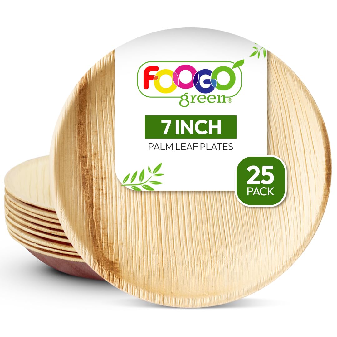 FOOGO Green 25 Disposable Palm Leaf Plates, 7"(18cm) Small Round Dessert & Side Plates, Eco Friendly Biodegradable Compostable Plates, Like Wooden Plates, Bamboo Plates, Paper Plates for Hot Food