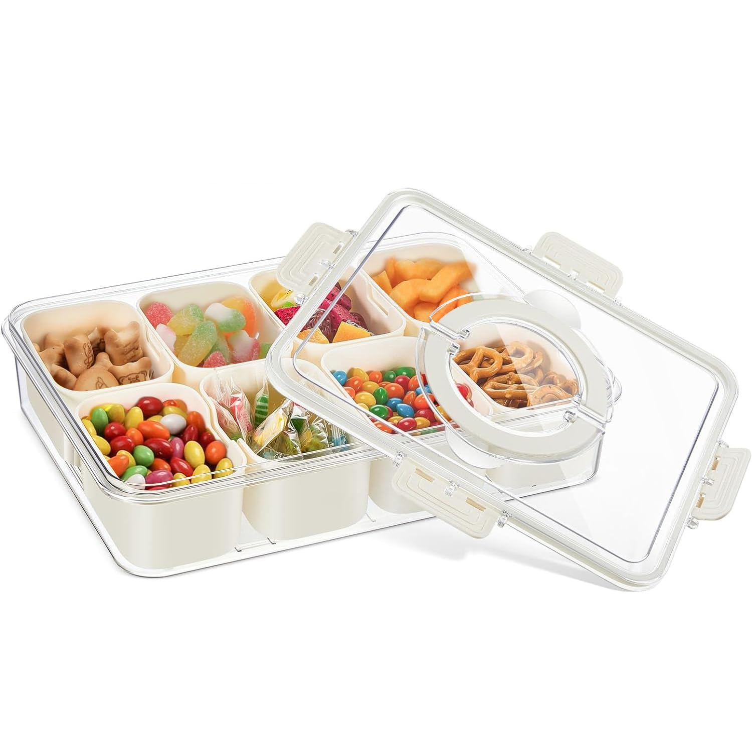 Joyzzz Divided Serving Tray with Lid, Square Clear Snack Serving Tray with 8 Compartments, Snack Platters Organizer with Handles for Food Storage, Food Storage Containers for Party, Travel and Picnic