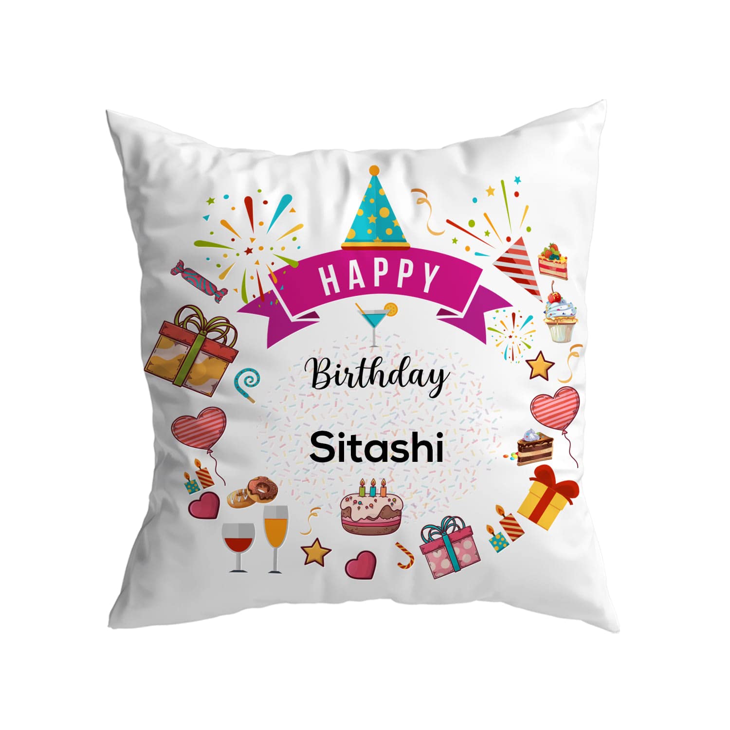 ASHVAH Happy Birthday Sitashi Cushion Cover with Filler for Daughter, Sister, Girlfriend, Wife, Name - Sitashi