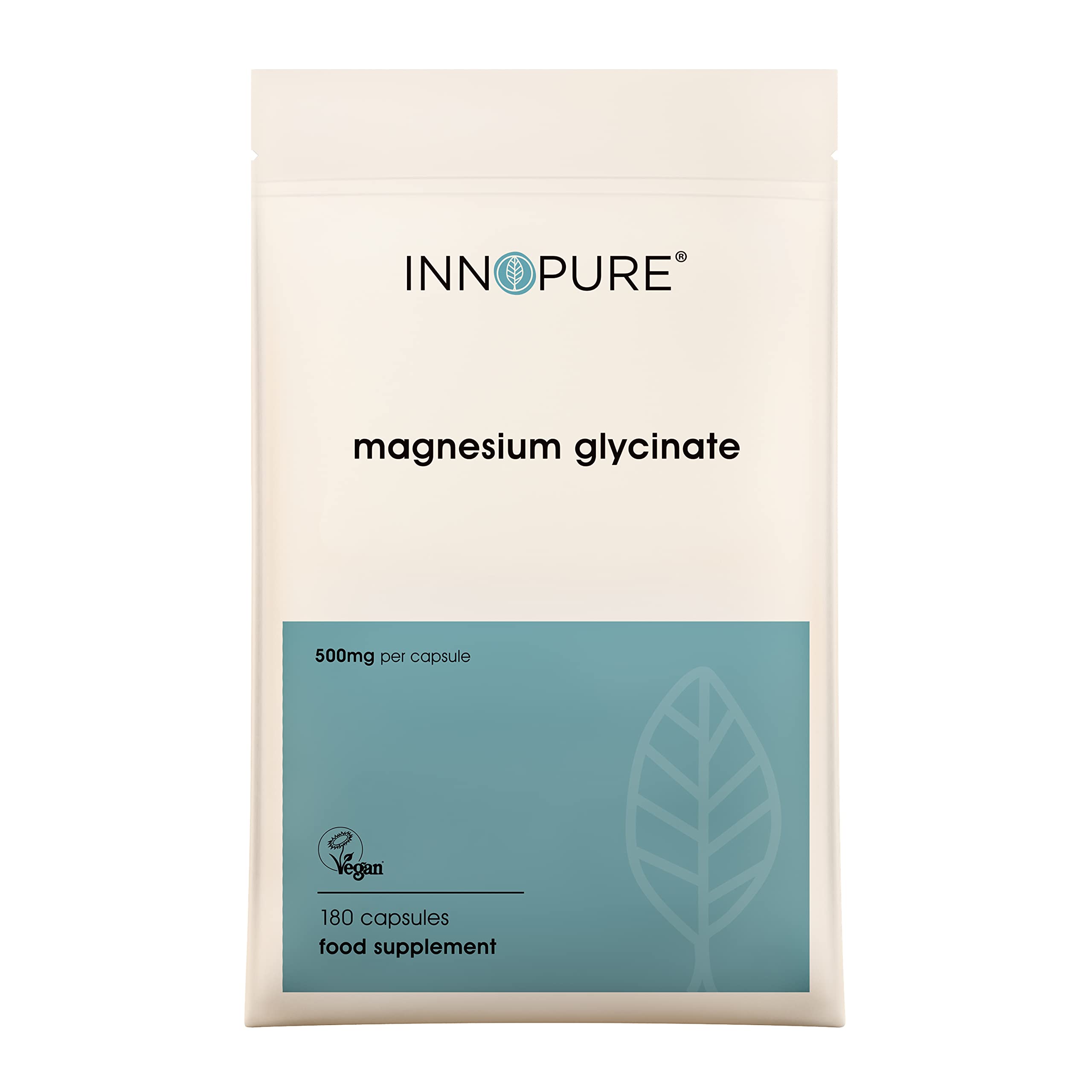 INNOPUREMagnesium Glycinate - 180 Capsules - Bioavailable Magnesium Supplements for Sleep Support - 500mg Per Capsule Providing 100mg of Pure Elemental Magnesium Bisglycinate Powder - Made in The UK