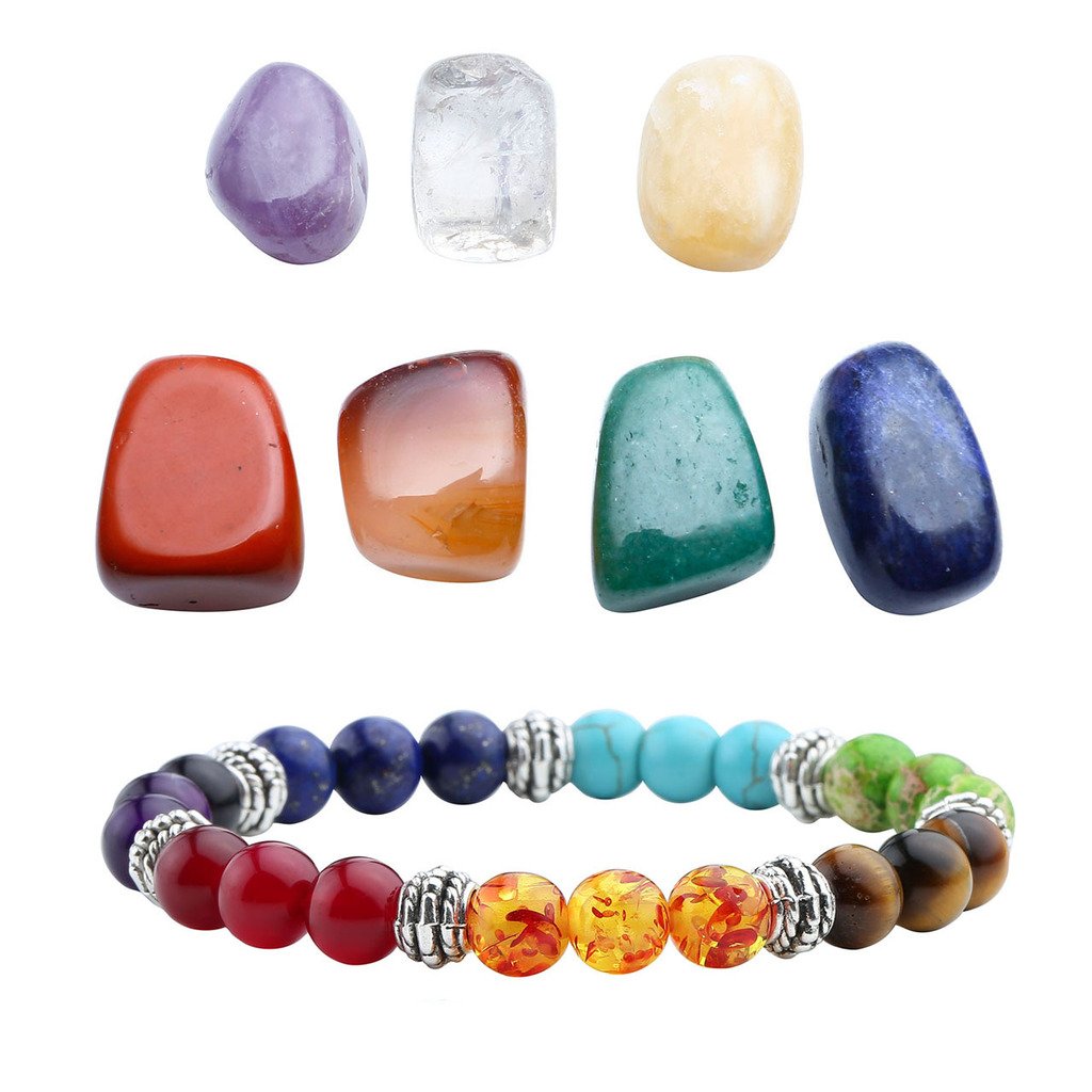 Top Plaza 7 Chakra Reiki Healing Crystals Yoga Balance Irregular Shape Polished Tumbled Palm Stones W/ 7 Chakra Healing Crystal Bracelet (7 Chakra Bracelet Without Charm)