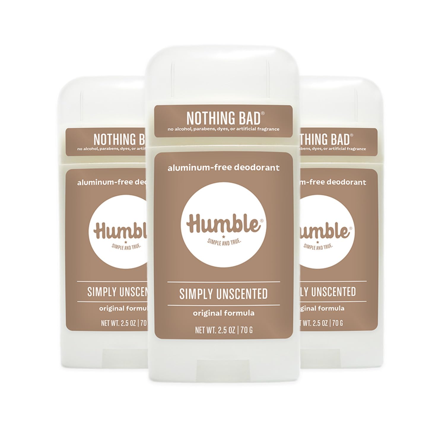 HUMBLE SIMPLE AND TRUE. BRANDS Original Formula Aluminum-free Deodorant. Long Lasting Odor Control with Baking Soda Essential Oils, Unscented, Pack of 3