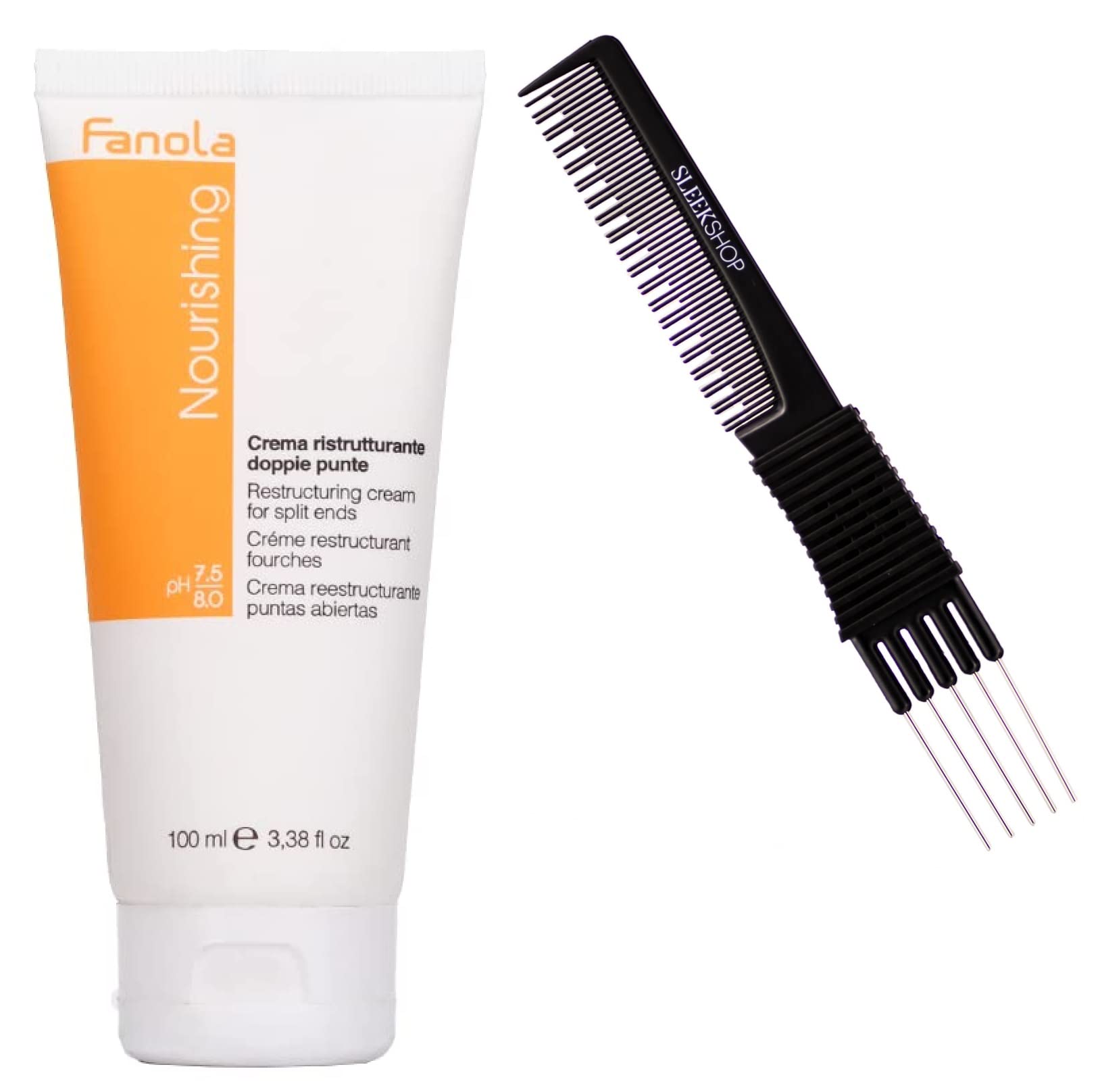 Sleekshop Comb + FanoIa NOURISHING Restructuring Cream for SPLIT ENDS on Hair (w/SLEEKSHOP Premium Carbon Teasing Comb) (3.38 oz (PACK OF 1))