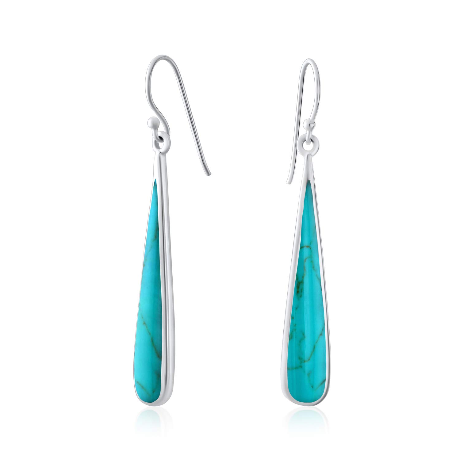 Boho Fashion Blue Stabilized Turquoise Inlay Long Flat Teardrop Shaped Dangle Earrings For Women 925 Sterling Silver