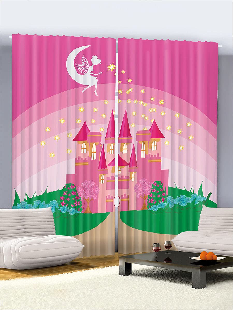 FASHION POINT 3D Castle Digital Printed Polyester Fabric Curtains for Bed Room, Kids Room, Colour Pink Window/Door/Long Door (D.N.1970 (4 x 9 Feet (size: 48 x 108 Inch) Long Door, 1)