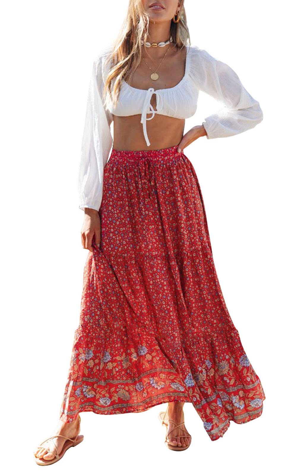 ZESICAWomen's 2024 Summer Bohemian Floral Printed Elastic Waist A Line Maxi Skirt with Pockets