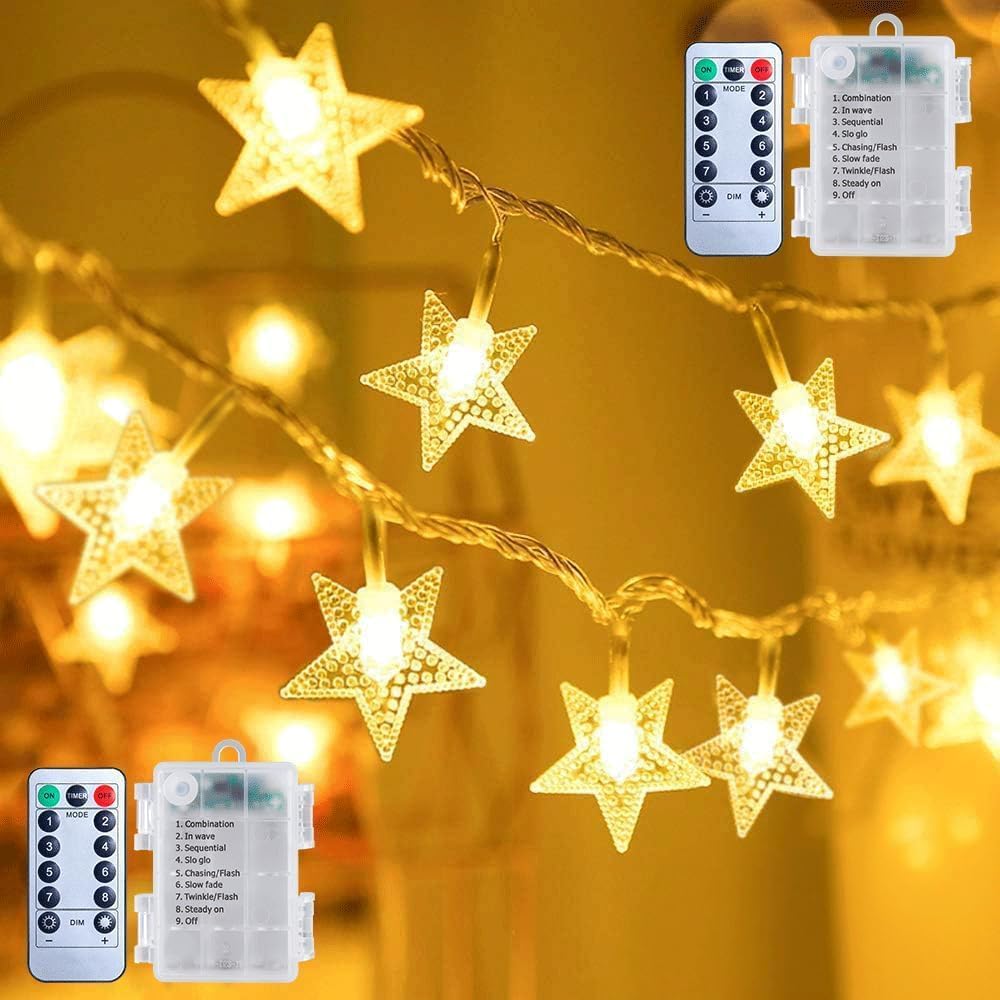 Brightown Star String Lights - 2 Pack Total 33ft 100 LED Star Fairy Lights Battery Operated with Remote for Indoor Outdoor, Twinkle Fairy Christmas Light for Bedroom Wedding Party Decor, Warm White