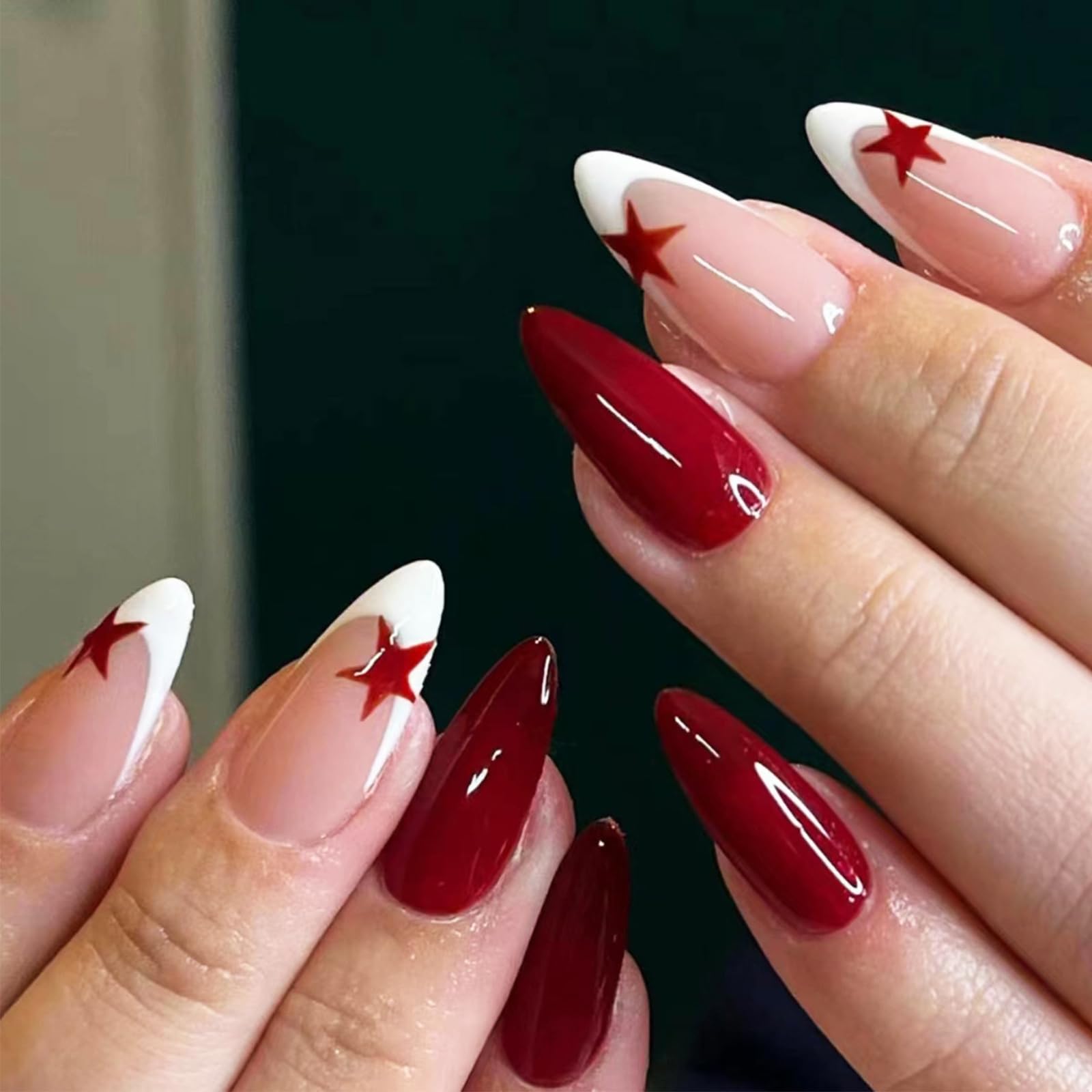 24Pcs White French Tips Medium Almond Press on Nails with Red Five-pointed Star Design, Glossy False Nails Gel Glue on Nails, Solid Color Manicure Art Acrylic Fake Nails Stick on Nails for Women Girls