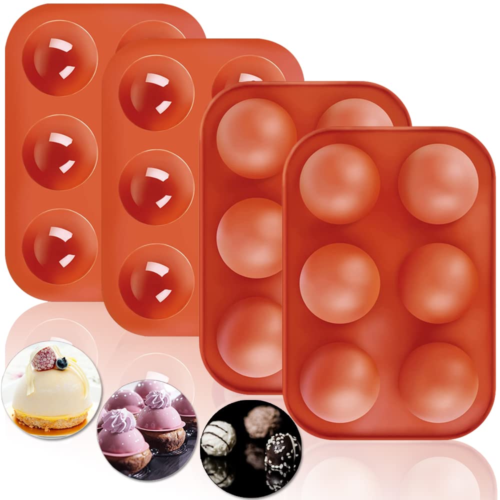 Medium Semi Sphere Silicone Mold, 4 Packs 6 Cavities Baking Molds for Making Hot Chocolate Bomb, Cake, Jelly, Dome Mousse, Ice Cube, Candy, Pudding - red