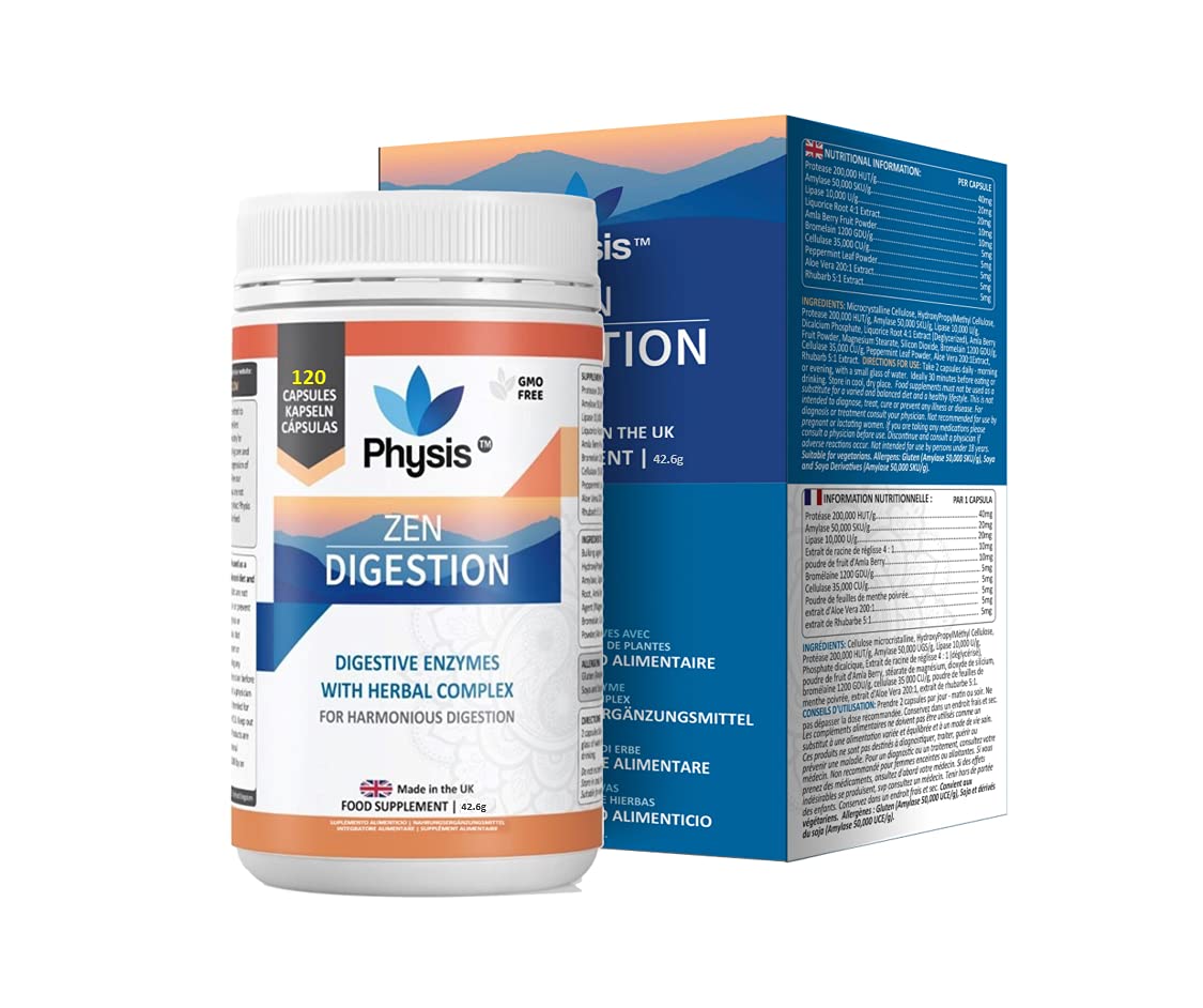 Physis Zen Digestive Enzymes with Soothing Herbal Complex | 120 Capsules - 60 Day Supply | Digestion Supplement to Optimise Digestive Function & Nutrient Absorption | Non-GMO & Vegan