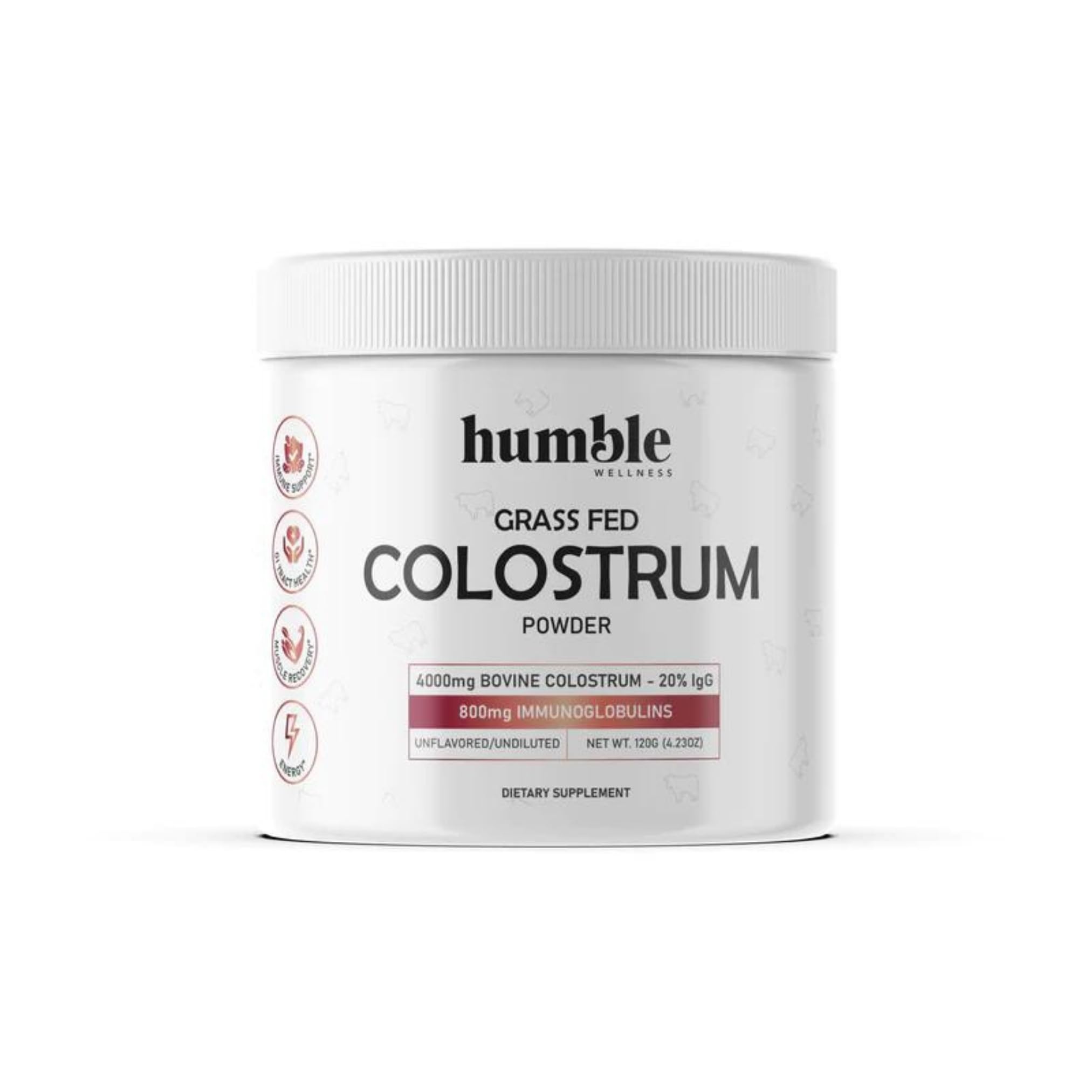 Humble Grass Fed Colostrum Powder - Grass Fed - High IgG Content - 4000mg Bovine Colostrum - 20% IgG - Gut Health - Hair Growth, Beauth and Immunity - 30 Servings