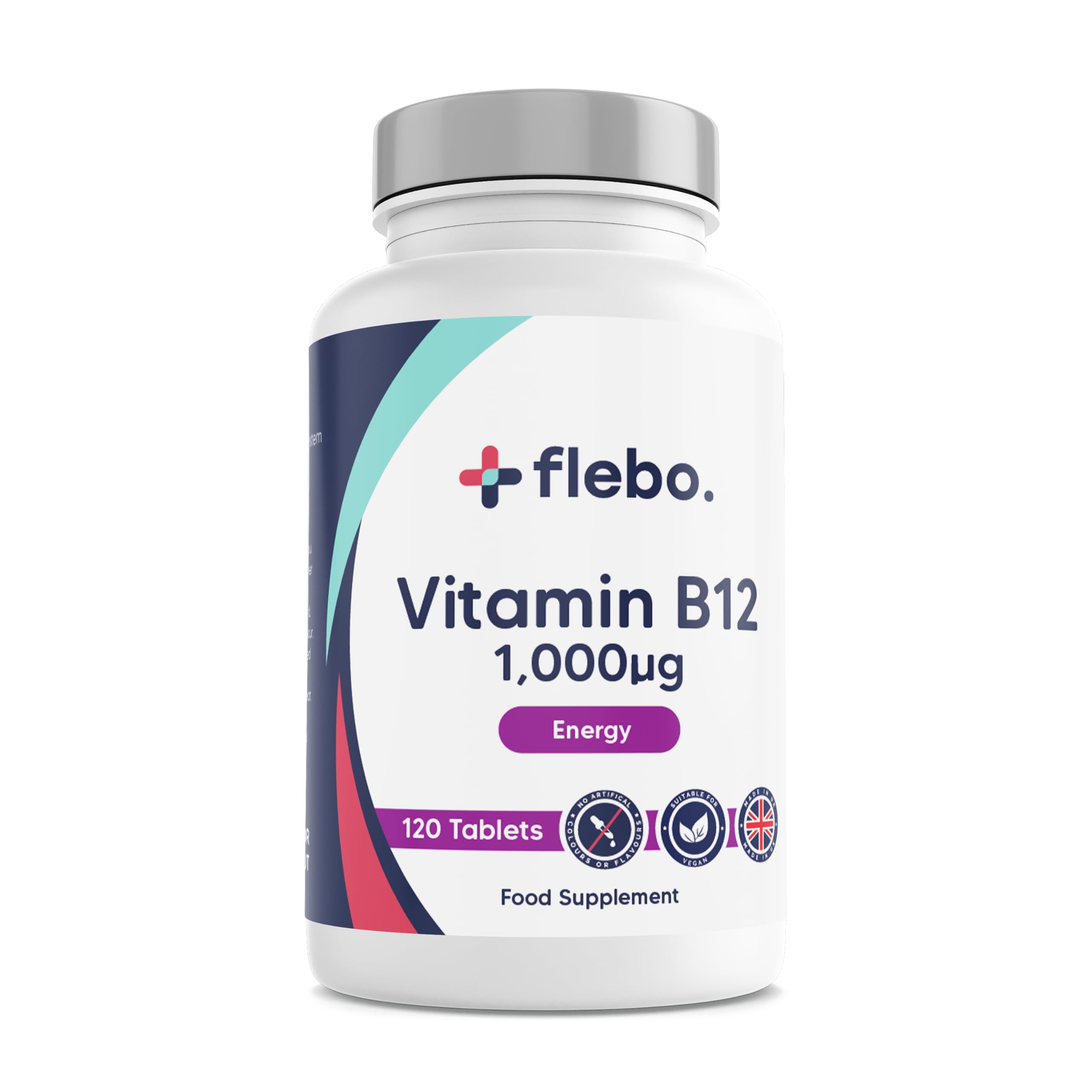 Flebo Premium Vitamin B12 Tablets High Strength, Cyanocobalamin B12 1000mcg, 120, Vegan B12 Supplement Made in UK to Help Reduce Tiredness and Fatigue- Recommended by UK Doctors at Flebo.