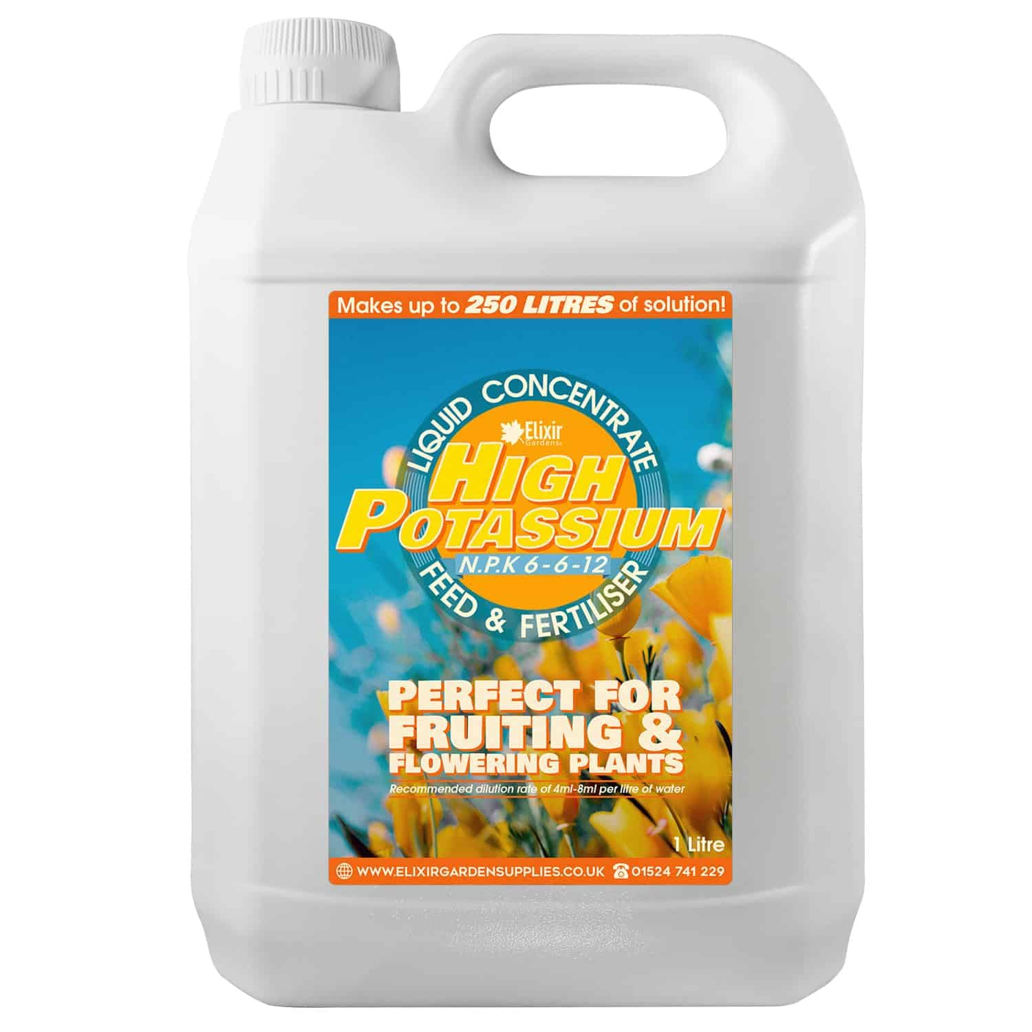 Elixir Gardens UK High Potassium Liquid Fertiliser/Plant & Lawn Food | N.P.K 6-6-12 | Various Sizes 500ml-5L | 1 Litre Makes up to 250L of liquid feed | 1 Litre Bottle