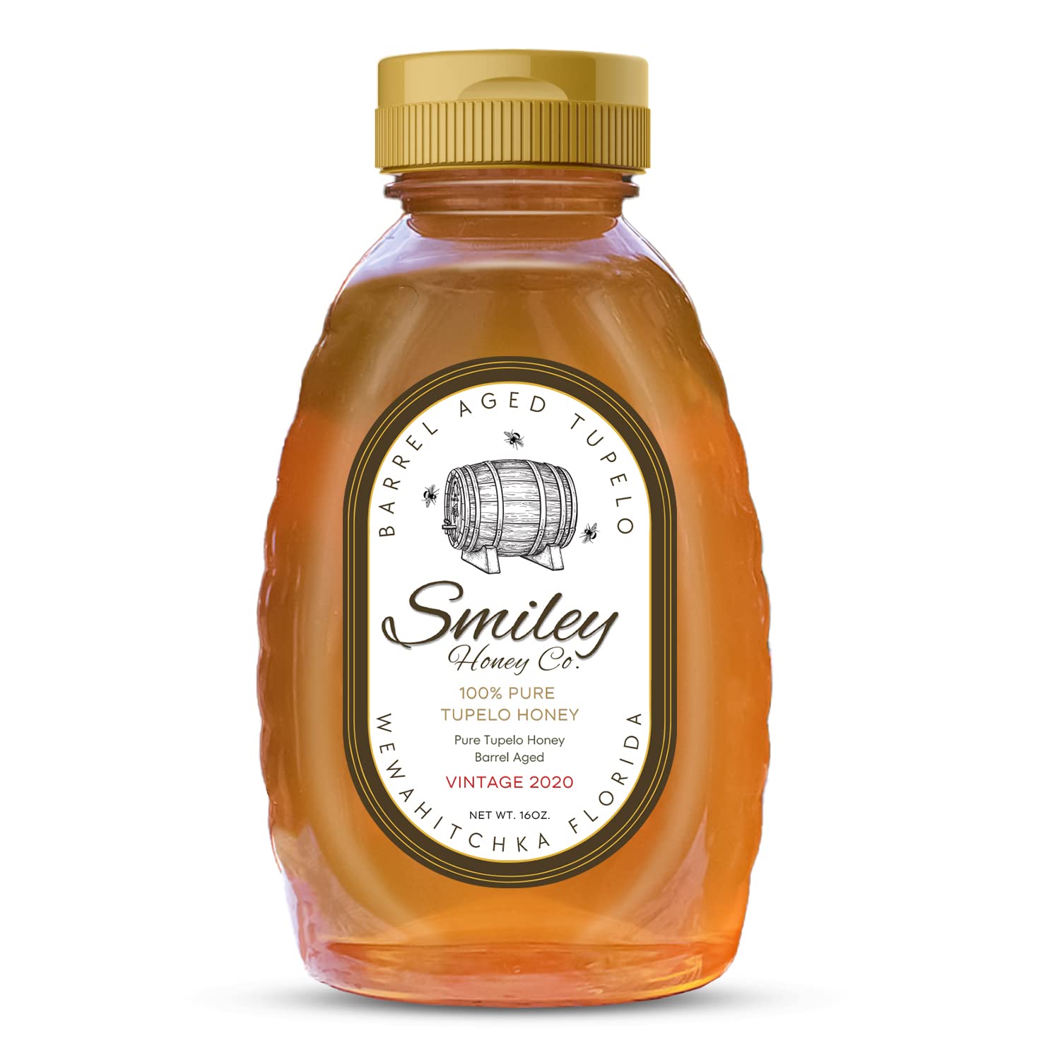 Smiley Honey, Barrel Aged Tupelo Honey, Vintage 2020, Aged 5 Years in Kentucky Owl Bourbon Barrels, Exclusive Run (16oz, Barrel Aged Tupelo Honey)