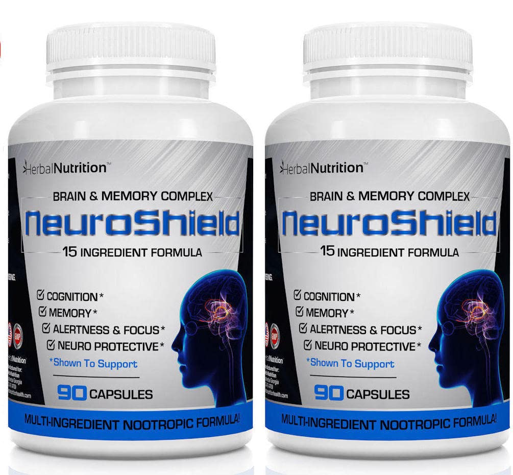 NeuroShield, Brain Supplement a Nootropic Brain Booster and Memory Supplement, Contains Huperzine A, Ginko Biloba, Bacopa Plus Antioxidants for Brain Health, Multi-Ingredients, 2 Bottles, 180 Capsules