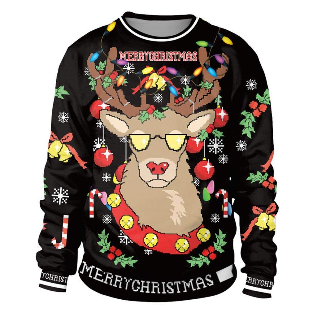 Colorful HouseWomen Men Ugly Christmas Jumper Sweater, 3D Digital Print Sweatshirt(Reindeer,Medium)