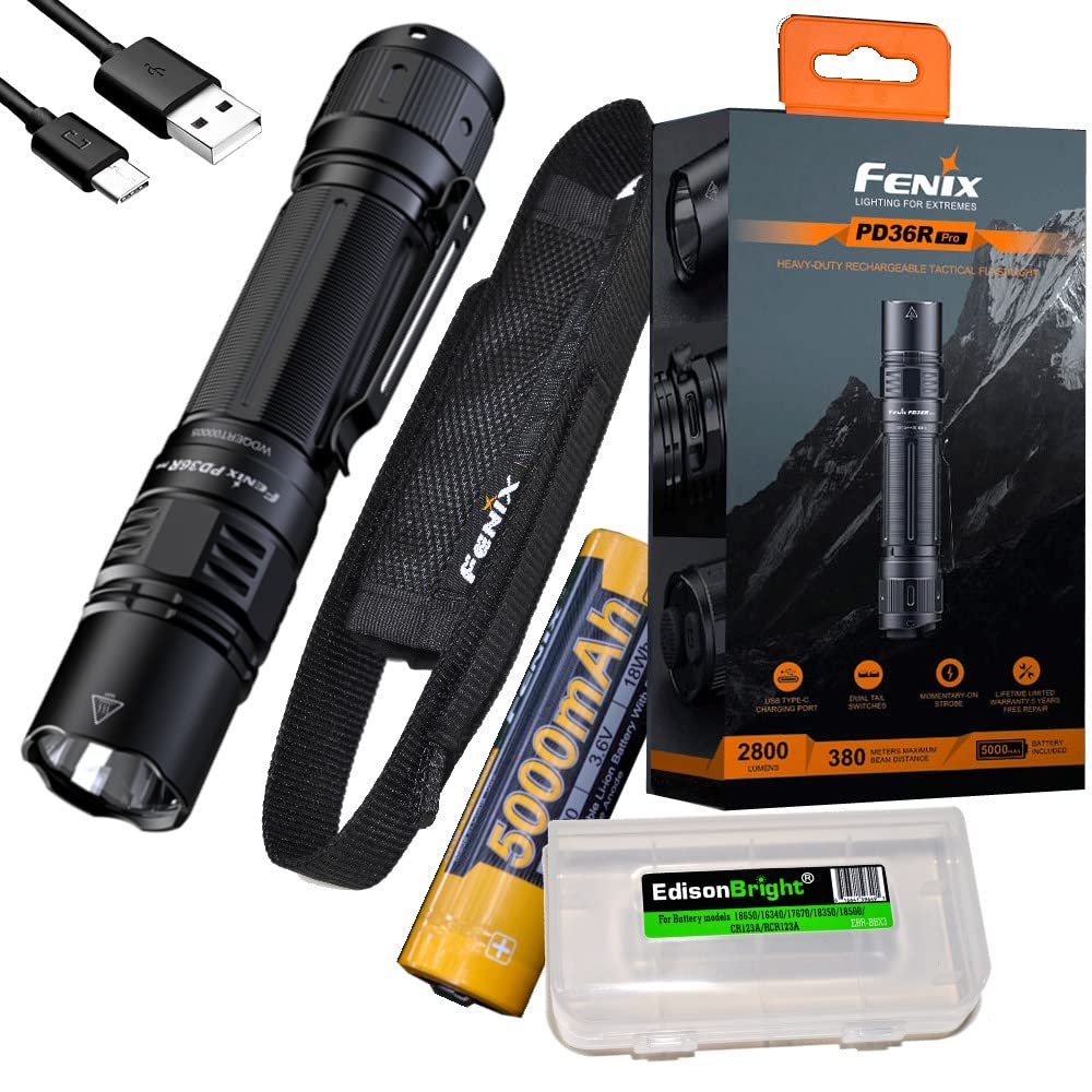 Fenix PD36R Pro 2800 Lumen USB Rechargeable LED Tactical Flashlight with EdisonBright Charging Cable Carry case Bundle