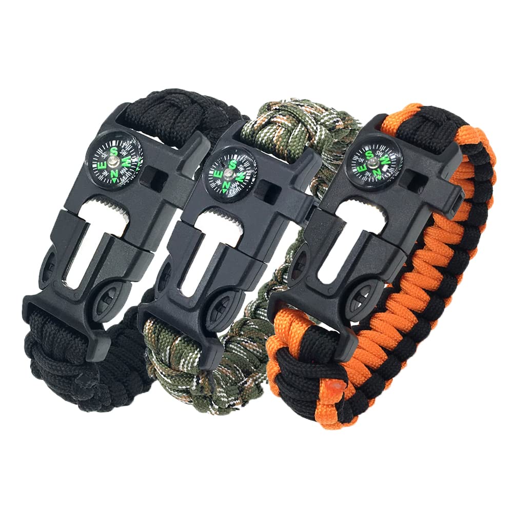 Paracord Survival Bracelet (3 Pieces), Practical Five Functions, Fire Starter, Loud Whistle, Reliable Compass, Rope Cutter, Reliable Paracord, Black & Camo & Orange+Black