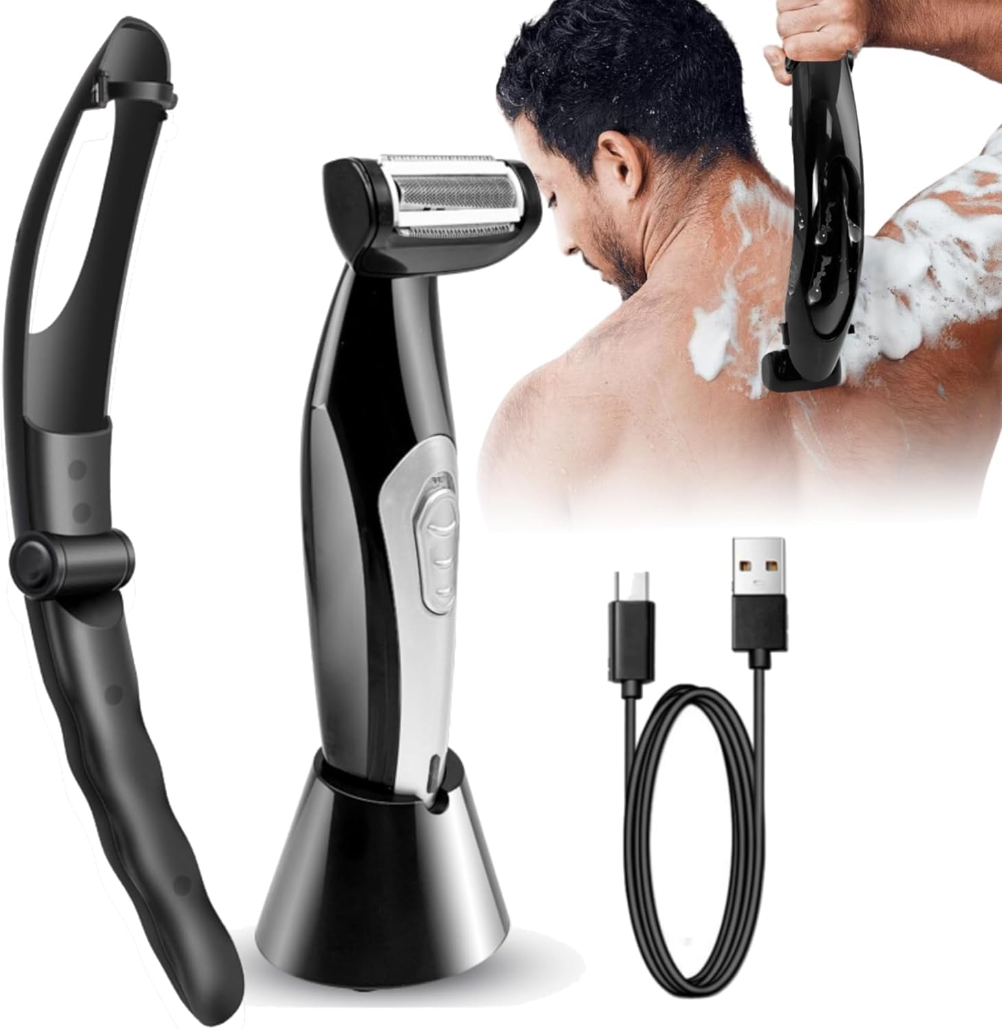 ZunateMulti Fuctional Chest Back Shavers for Men, Wet Dry Use Back Razor, Extreme Reach Removable Handle Power Burst Manscaped Shavers