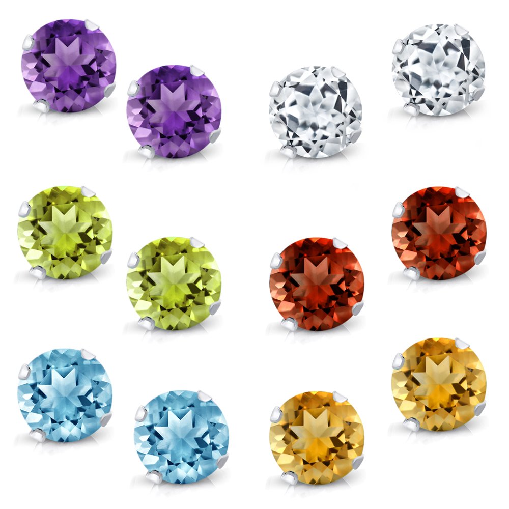 Gem Stone King925 Sterling Silver Set of 6 Round 4MM Gemstone Stud Earrings - Amethyst, Topaz, Garnet, Citrine, Peridot - Sparkling and Elegant Jewelry For Women Men