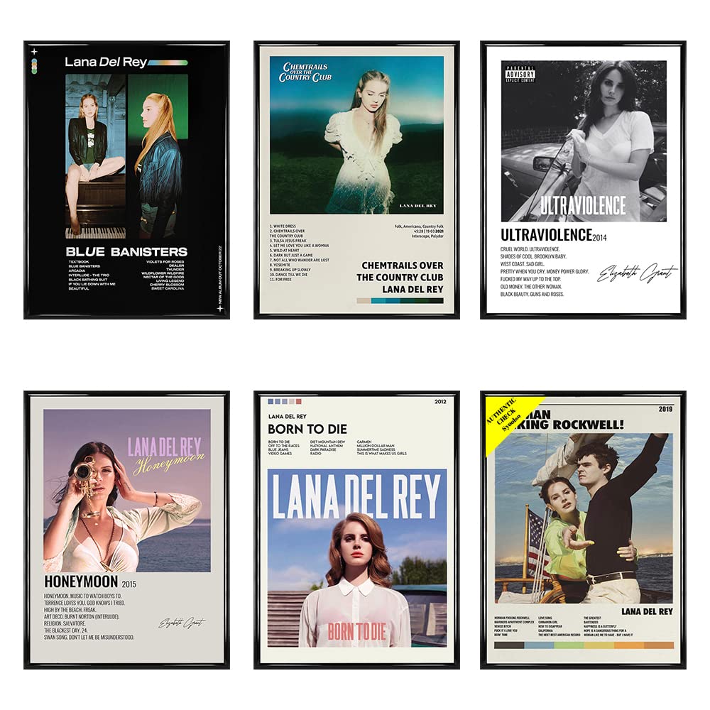 Syoolso Lana Del Rey - 6 Pcs Album Cover Signed Limited Posters Room Aesthetic Print Rapper Music Poster Canvas Wall Art for Teen and Girls Dorm Decor 8x10 inch Unframed (Lana Del Rey)