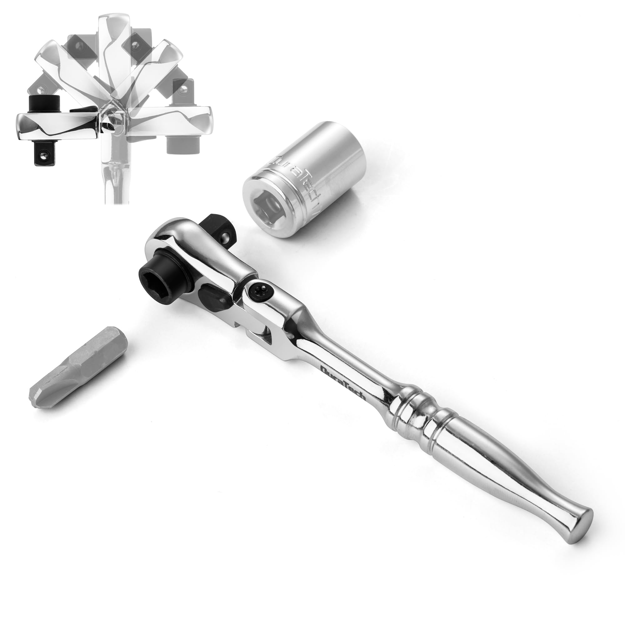 DURATECH1/4" Drive Ratchet Handle, 2 in 1 Flex Head Ratchet, Socket&Bit Driver, 72-Tooth, Reversible Switch, Full-Polished Chrome Plating, Alloy Steel