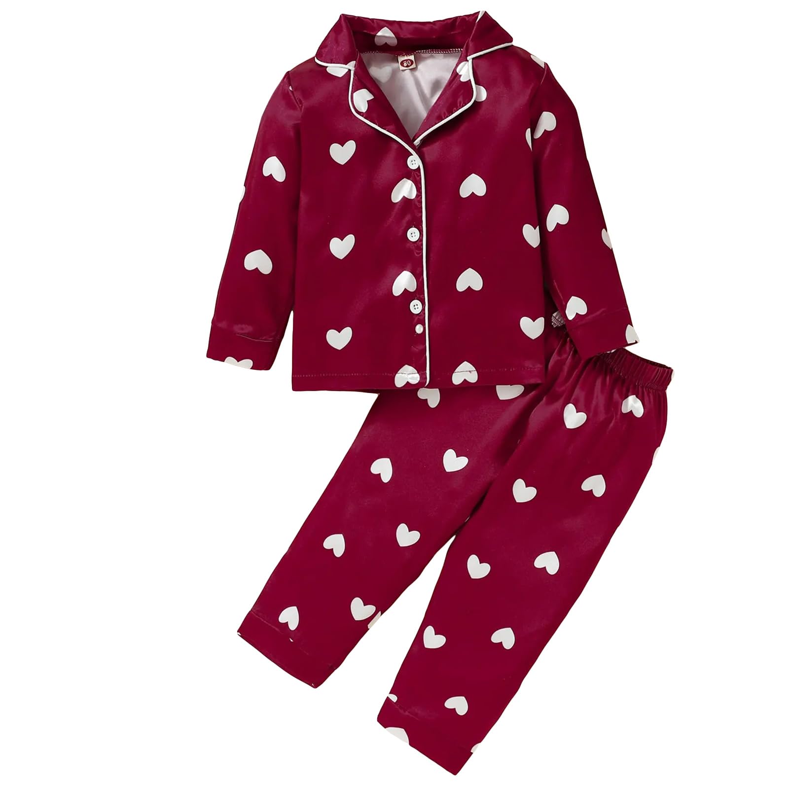 KMBANGIToddler Baby Girls Satin Valentine's Day Pajamas Heart Print Long Sleeve Button-Down Set PJs for Girls