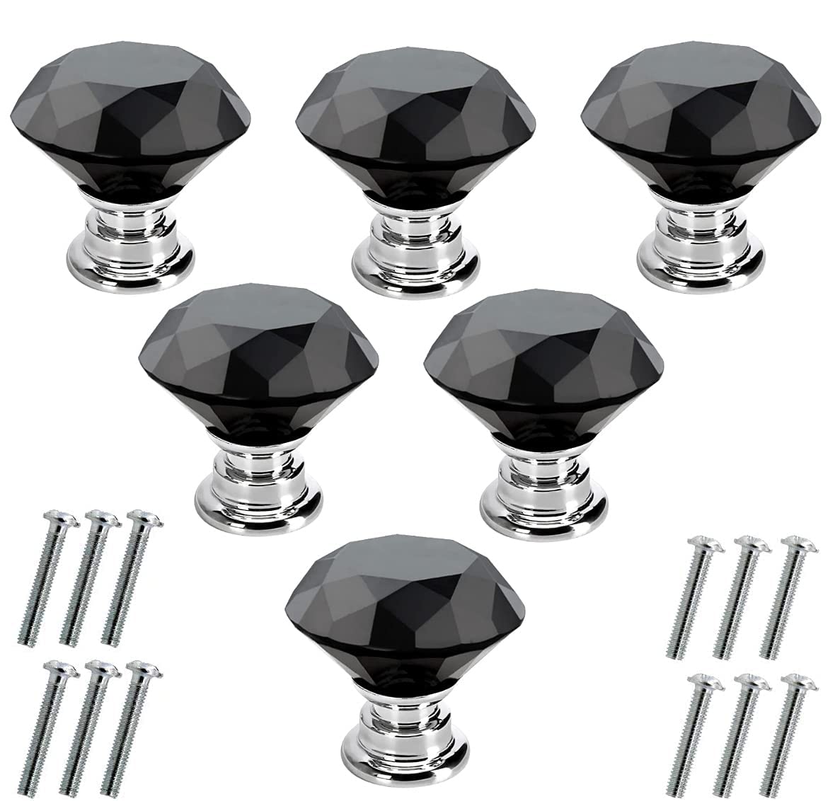 Akstore 6 Pcs Crystal Glass Cabinet Knobs 30mm Diamond Shape Drawer Kitchen Cabinets Dresser Cupboard Wardrobe Pulls Handles (30mm, Black)