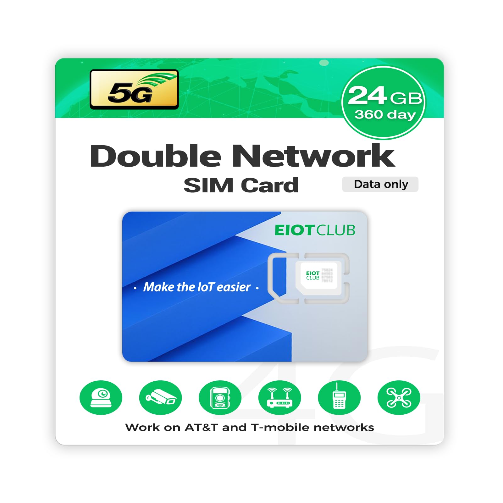 EIOTCLUB 5G Data Only SIM Card for 360 Days, Compatible with Major U.S. Networks for IoT Devices, Mobile WiFi Hotspot, and Security Cameras, No Contract, Easy Activation