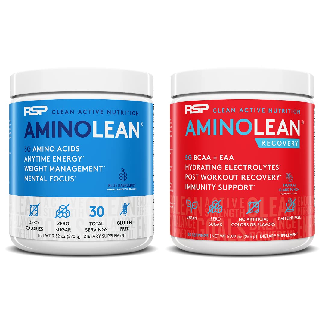 RSP NUTRITIONAminoLean Pre Workout Energy (Blue Raspberry 30 Servings) with AminoLean Recovery Post Workout Boost (Tropical Island Punch 30 Servings)