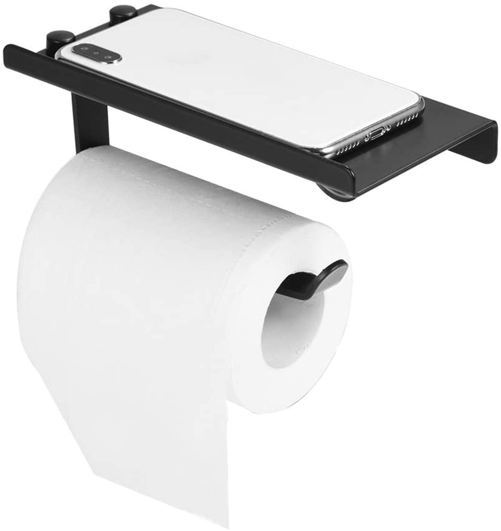 Aminery Toilet Paper Holder with Shelf, Wall Mounted Toilet Paper Holder, Bathroom Toilet Paper Roll Rack Storage, Bathroom Accessories Tissue Roll Dispenser and Shelf - Matte Black