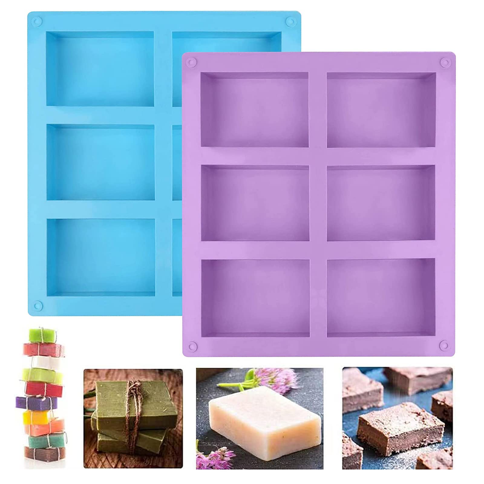 DONQL 2Piece Soap Mould Square Silicone Moulds Rectangular 6 Cavity Hand Made Soap Mould for DIY Homemade Crafts (Purple+Blue)