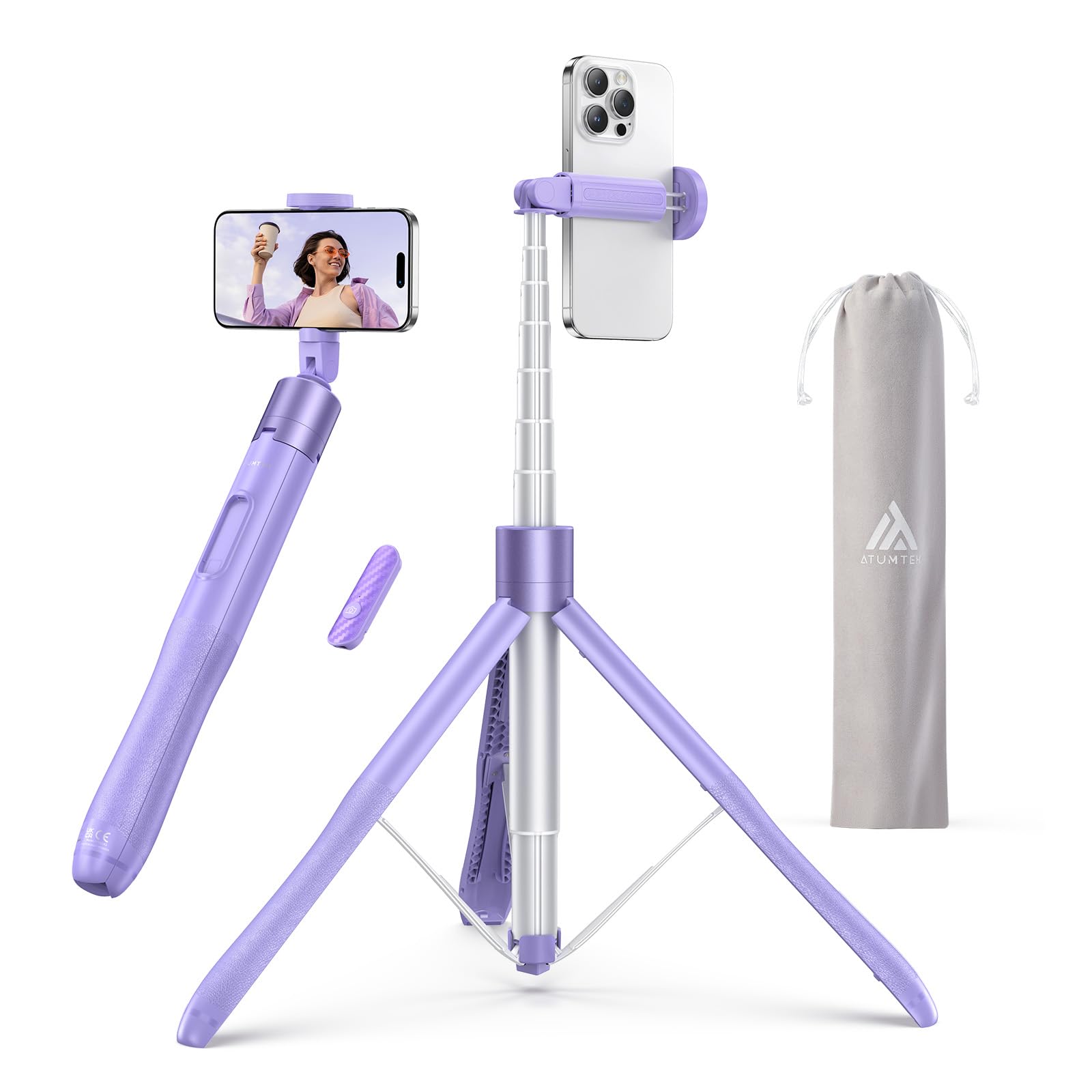 ATUMTEK Smartphone Tripod, Selfie Stick, 59.1 inches (150 cm), Long Type, Selfie Stand, Aluminum, Rechargeable, Bluetooth Remote Control, 360° Rotation, Supports YouTube Vlog, TikTok, Sports Events,