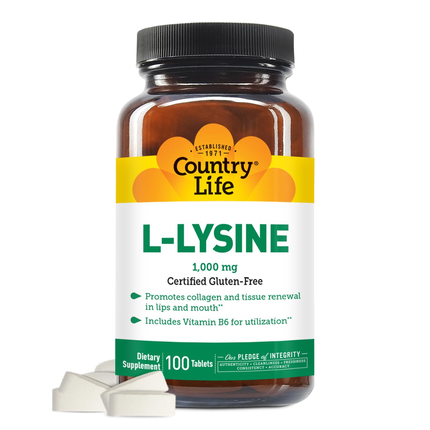 Country Life L-Lysine 1000mg with Vitamin B6-100 Tablets - Promotes Collagen and Tissue Renewal - Aids Utilization - Gluten-Free…