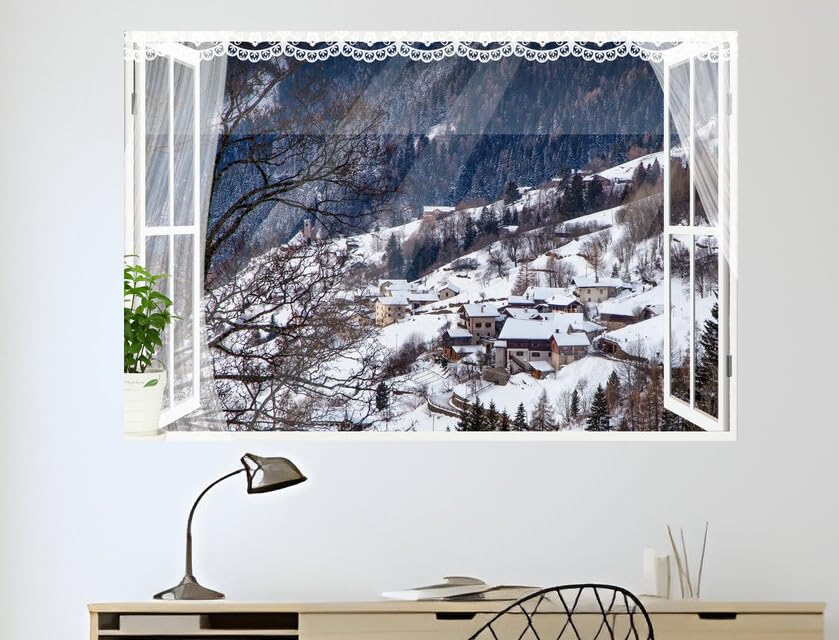 JVERF - JZZB07061 Italy Houses Winter Forests Alta Badia Alps Snow| Self-Adhesive Open Window Wall Sticker