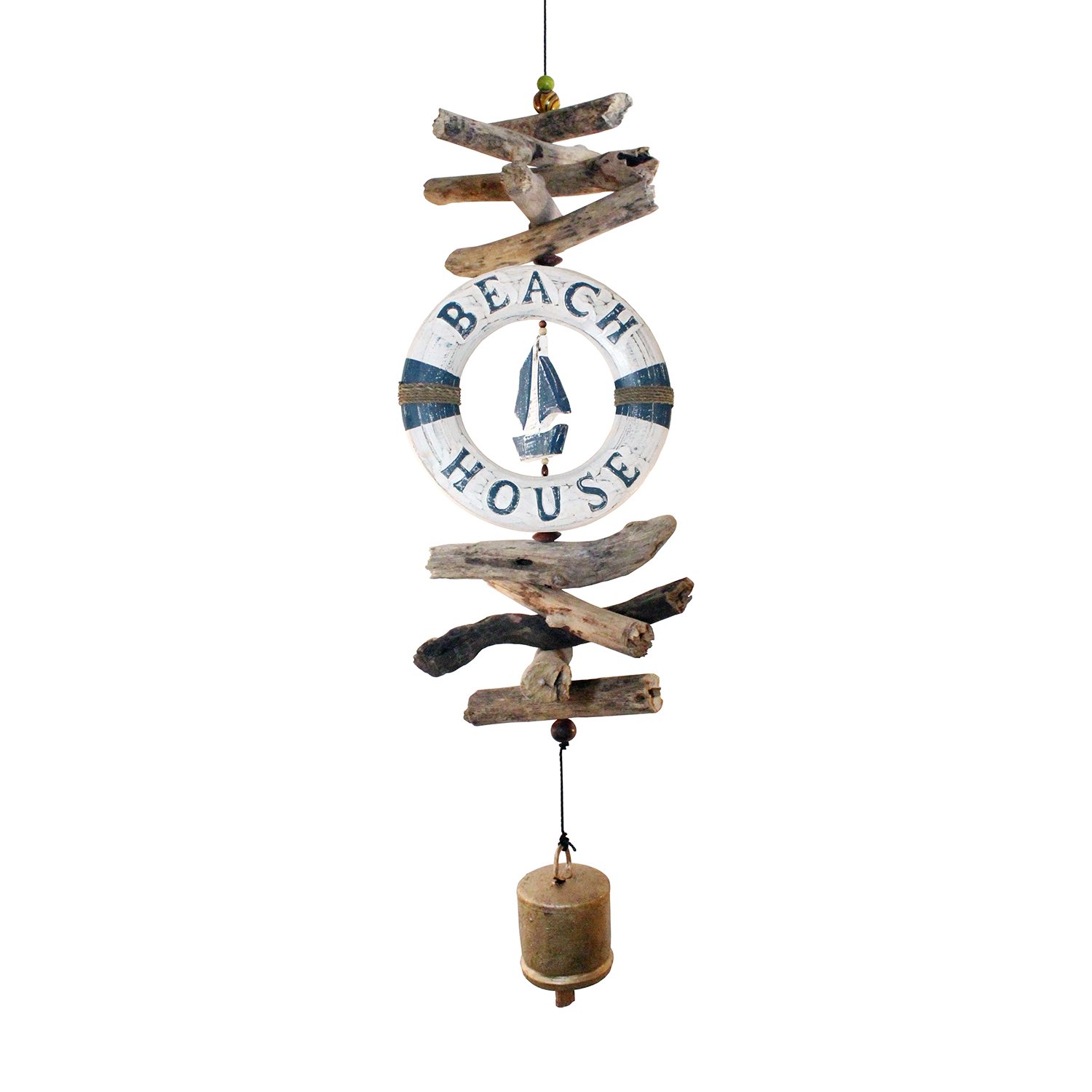 Cohasset Gifts 542LRB Wind Life Ring w/Sail Boat Cohasset Bell, White & Blue Distressed Finish