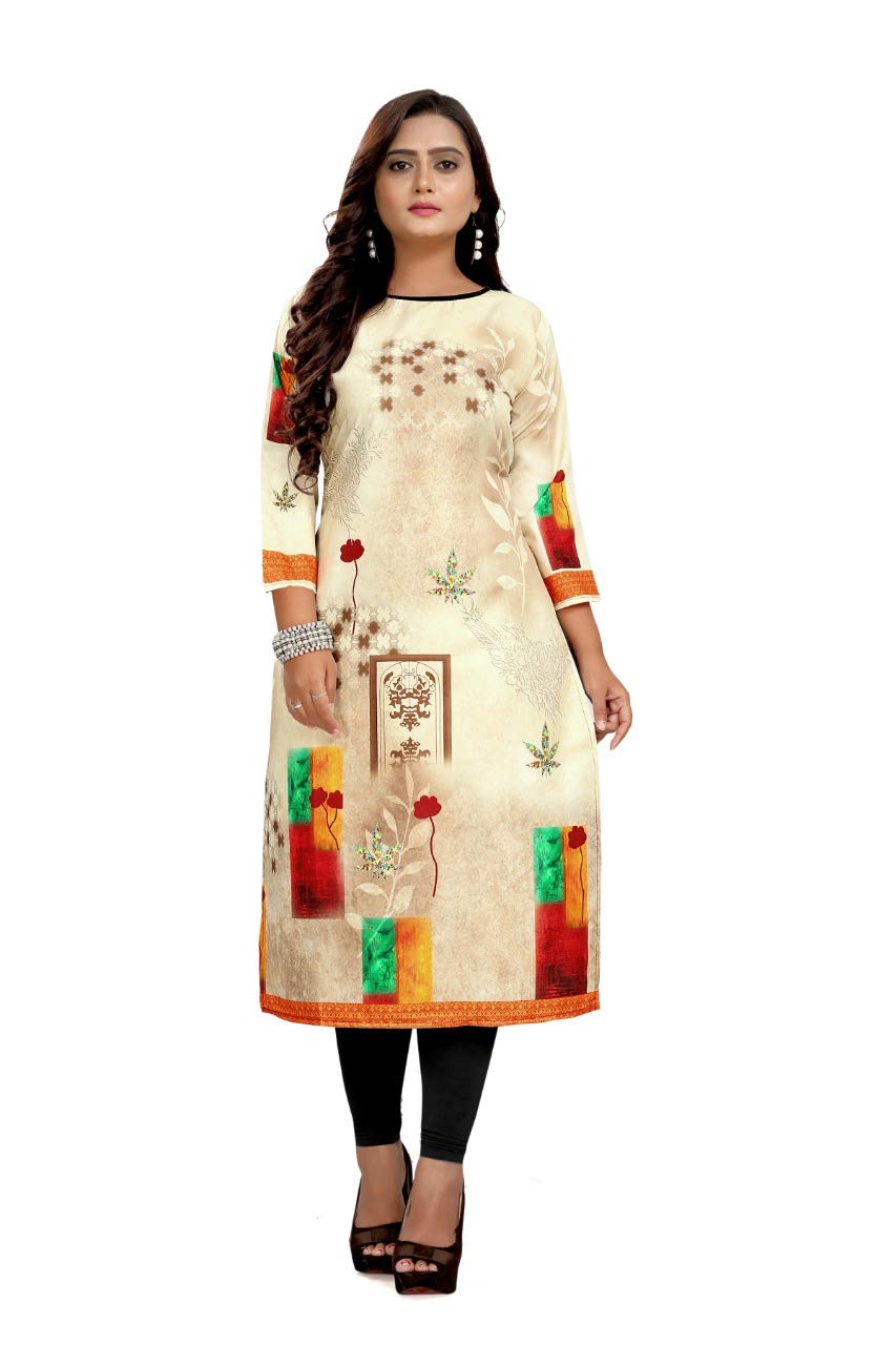 Aarohi FashionWomen's Straight Digital Printed Crepe Stitched Kurti (Beige)