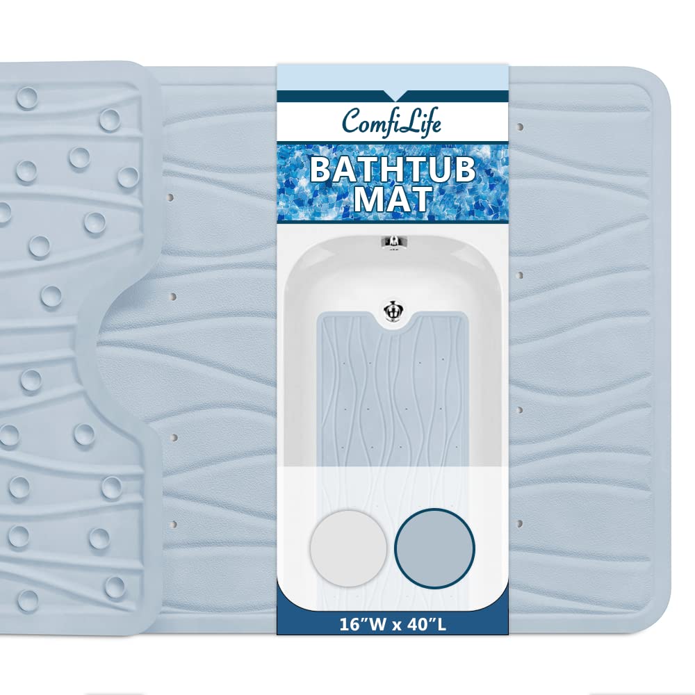 ComfiLifeBath Mat for Bathroom Tub and Shower – Non Slip Extra Large Bathtub Mat with Drain Holes & Suction Cups – Machine Washable Rubber Mats to Keep Bathtub Clean (Light Blue, Wave 16" x 40")