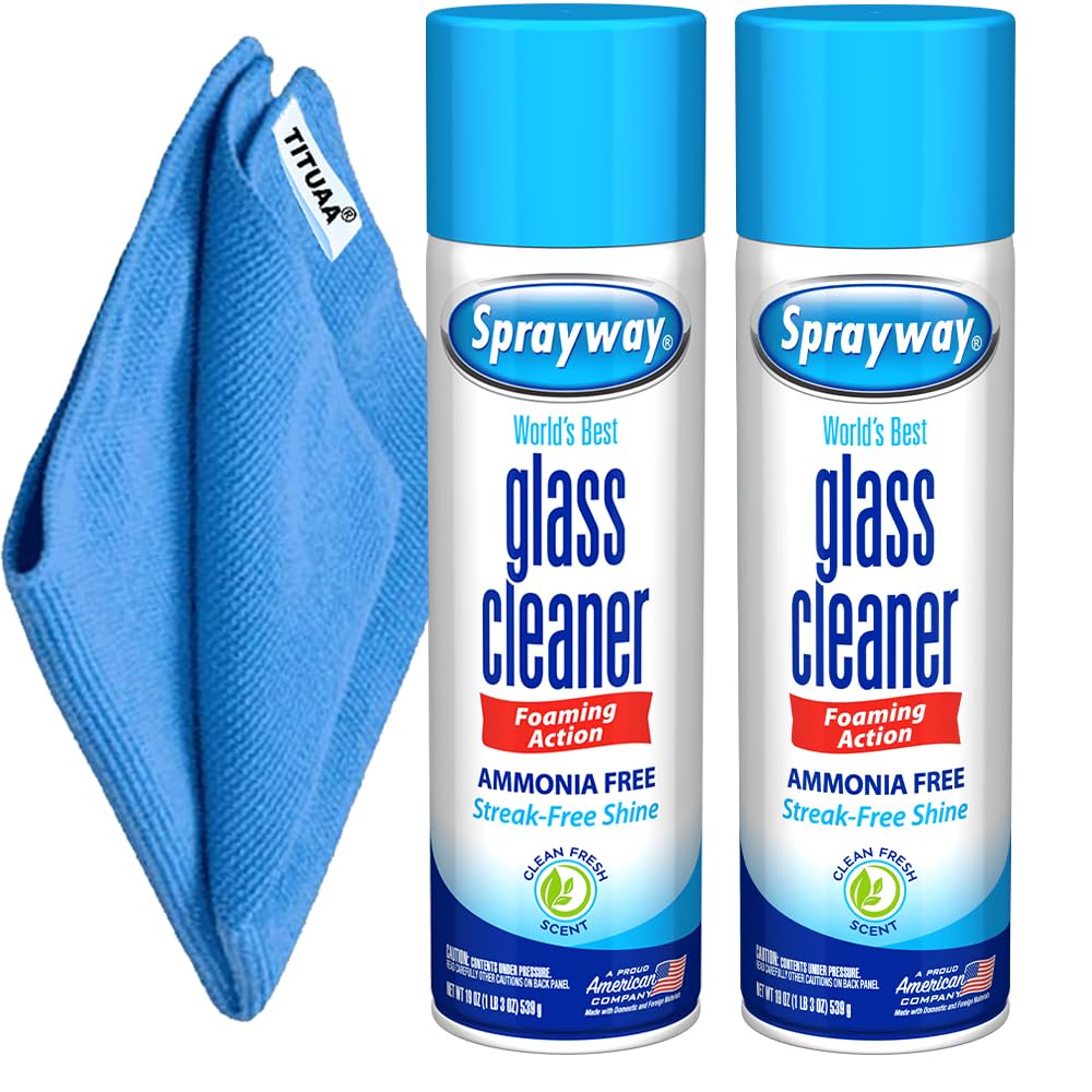 Sprayway, Glass Cleaner, window cleaner, Pack of 2 spray foam with 1-Pack Bonus Tituaa Mk 16x16 Microfiber Cleaning Cloth Towel Rags (19 Oz Can)