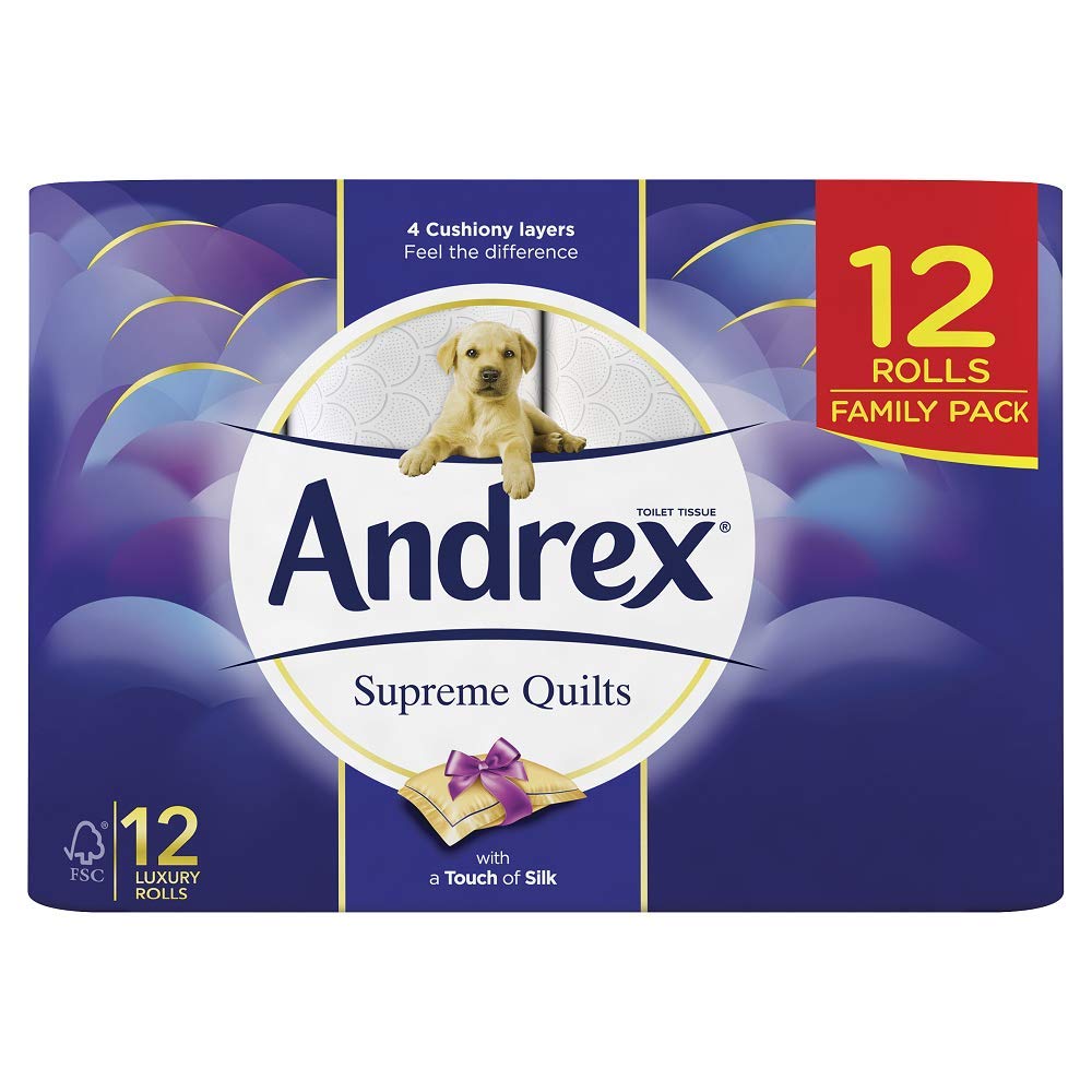 Andrex Supreme Quilts Toilet Roll - 12 Rolls, 4-Ply, Unscented, 160 Sheets Per Roll, Sustainably Sourced and FSC Certified, 12 Count (Pack of 1), Toilet Paper