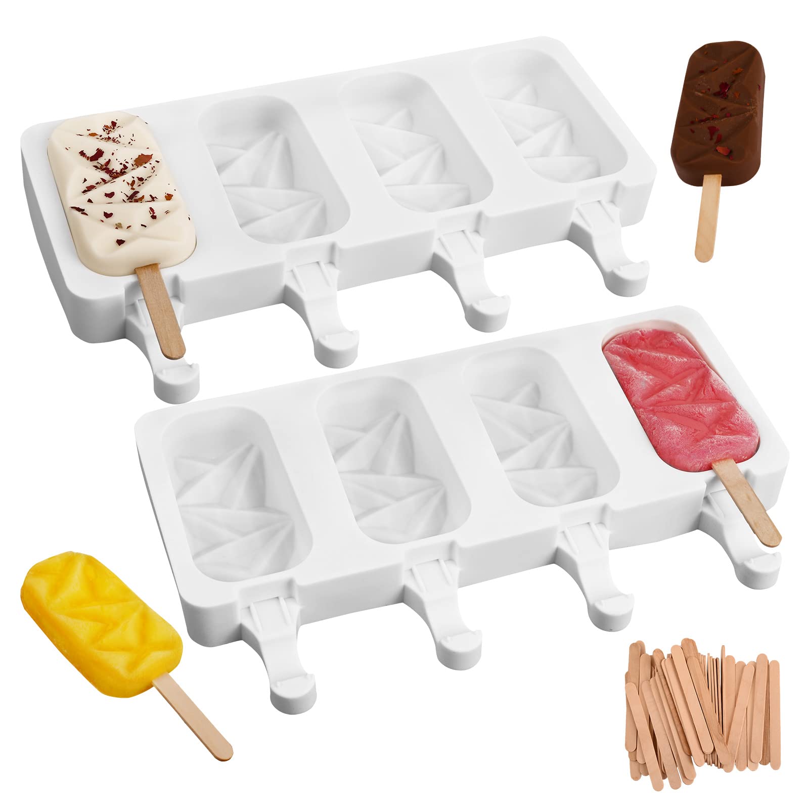 Sakolla 2 pcs Popsicle Molds 4 Cavities Cake Pop Silicone Molds Diamond Ice Cream Cakesicle Molds for Chocolate Baking with 50 Wooden Sticks