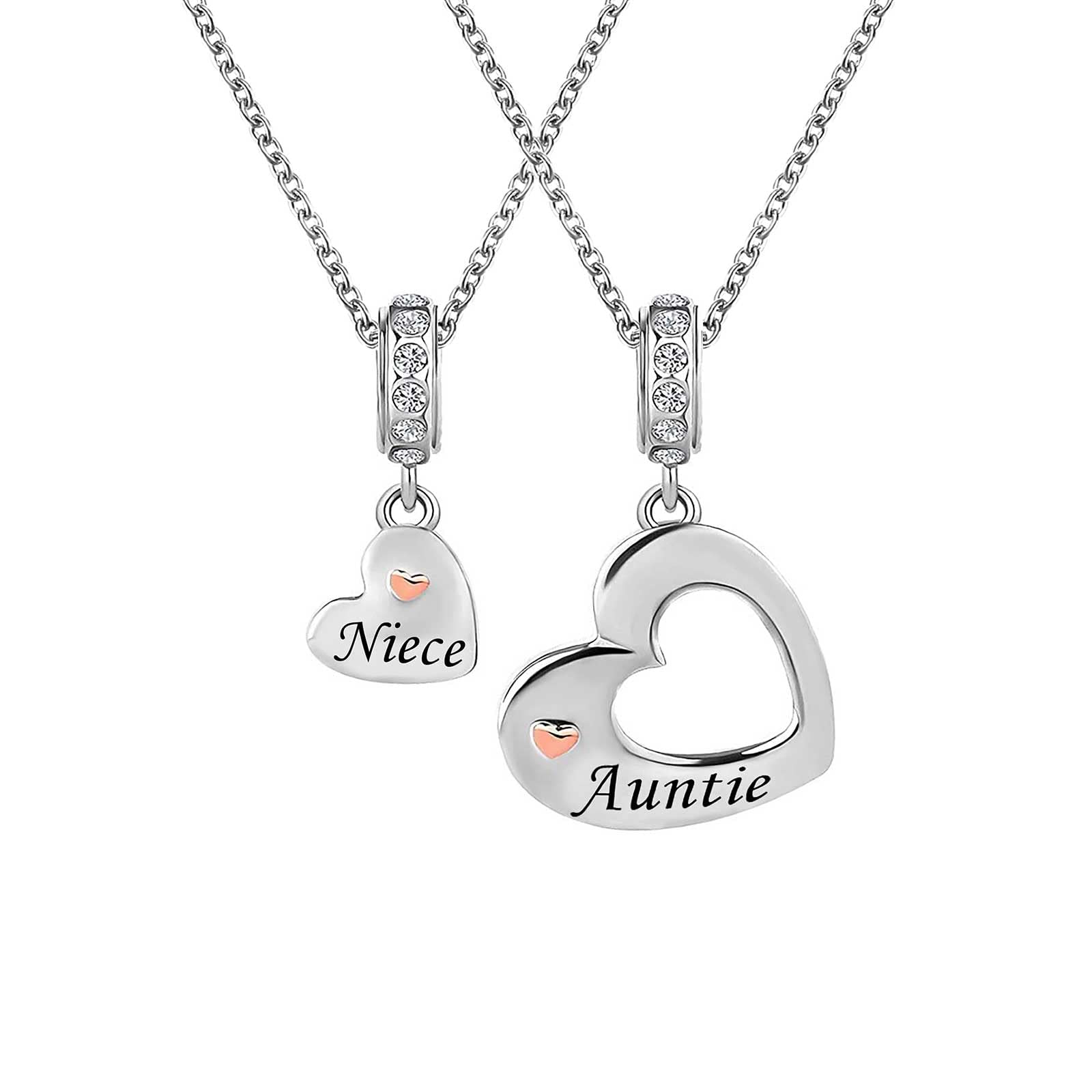 KunBead18 inch Big Sister Little Sister Mother Daughter Auntie Niece Son Wife Rose Gold Heart I Love You Matching Charm Pendant Birthday Necklace set for 2