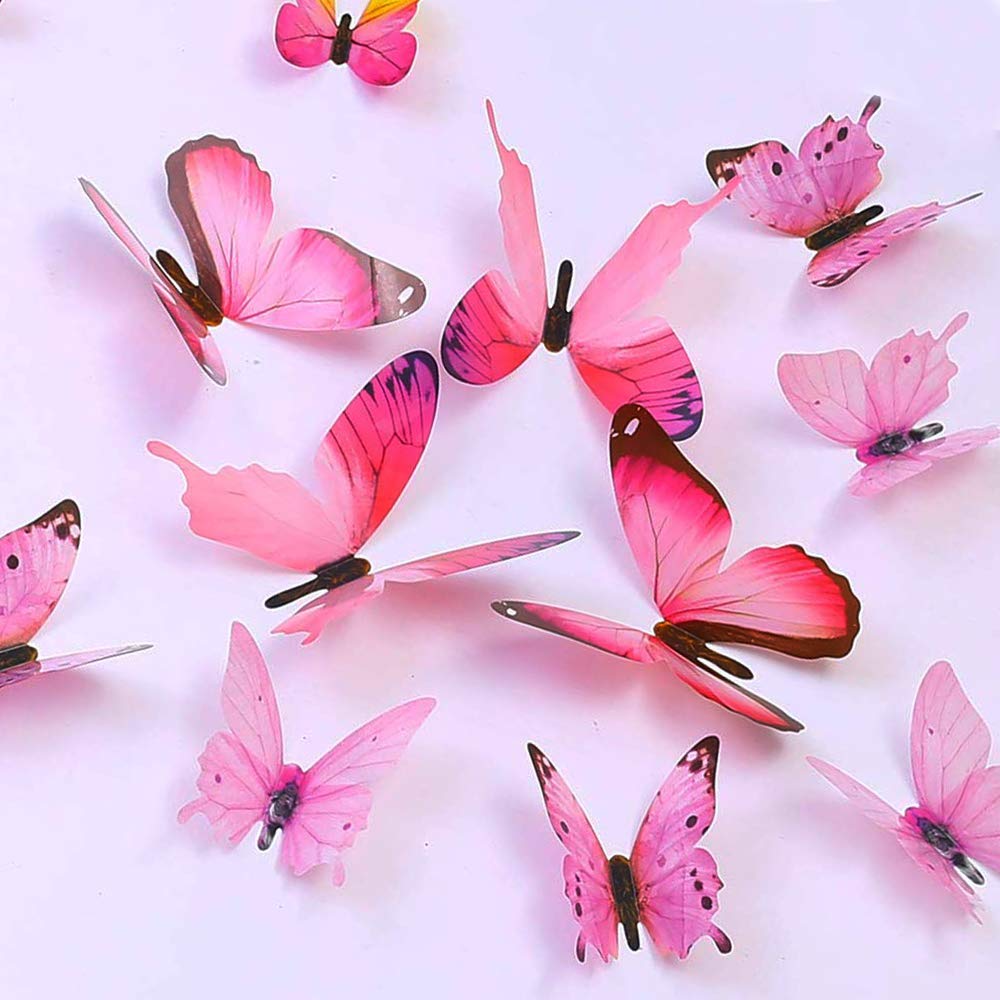 Trubetter Butterfly Wall Decals, 24 Pcs 3D Butterfly Removable Mural Stickers Wall Stickers Decal Wall Decor for Home and Room Decoration (Pink)