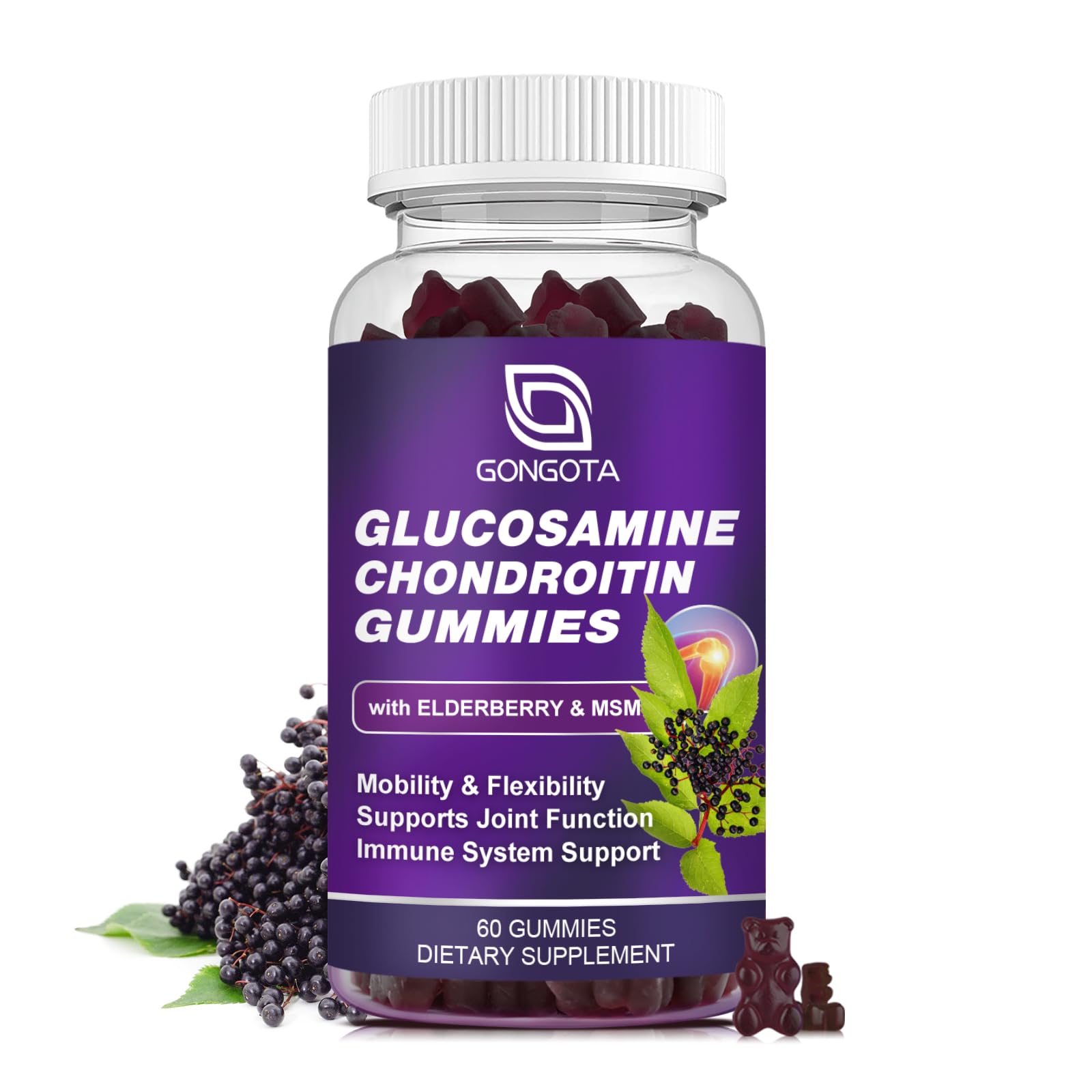 Glucosamine Chondroitin Gummies, Extra Strength 1500mg Glucosamine with MSM & Elderberry, Joint Support Supplement, Best Cartilage & Immune Support Supplement for Men and Women - 60count (1 Pack)