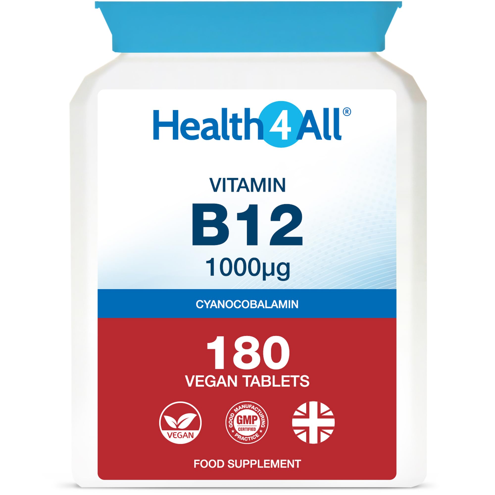 Vitamin B12 Cyanocobalamin High Strength 1000mcg 180 Tablets (V) . Tiredness and Fatigue. Vegan. Made in The UK by Health4All.