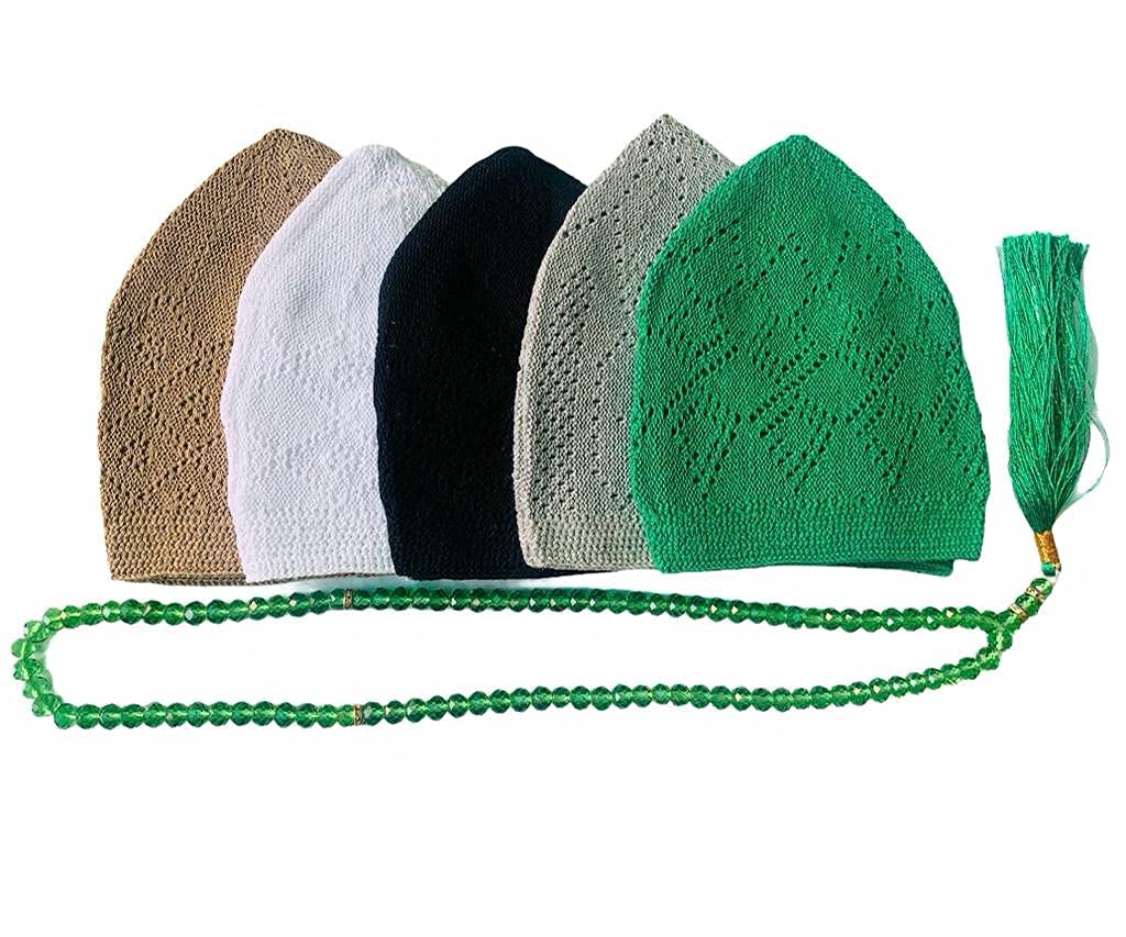 5X Islamic Muslim Knitting Kufi Topi Prayer Hat Skull Cap Elastic One Size Fits All (Set of 5) with 1 Tasbhi Tasbih Beads Prayer Beads