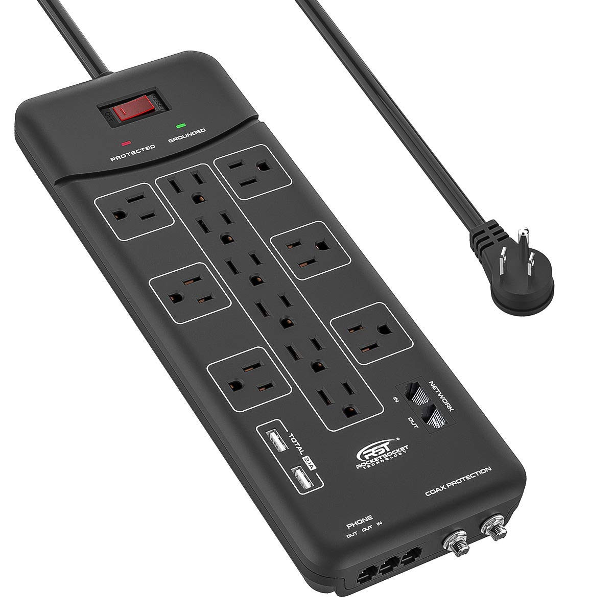 CRST 12-Outlet Surge Protector Power Strip 4050Joules, with USB(3.1A) Ethernet, Cable,Telephone and TV Coaxial Protection, Flat Plug 10-FT Long Cord (Black)