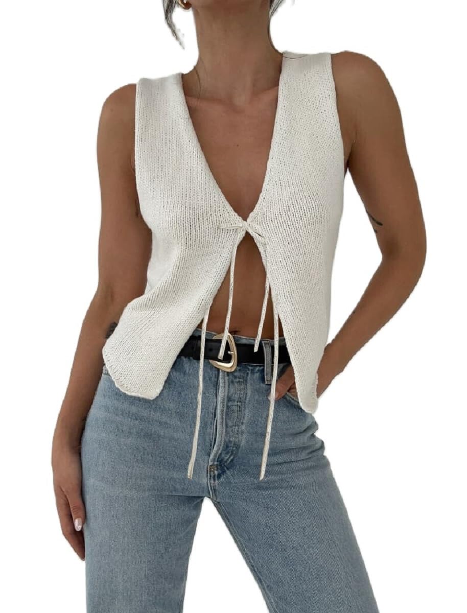 KMBANGIWomen Y2K Crochet Vest Top Tie Front Knit Sleeveless Tank Top V Neck Button Down Crop Top Streetwear