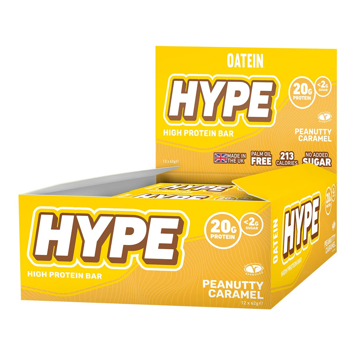 Oatein Hype High Protein Bar (12 x 62g), Low Sugar and Low Carb (Peanutty Caramel)