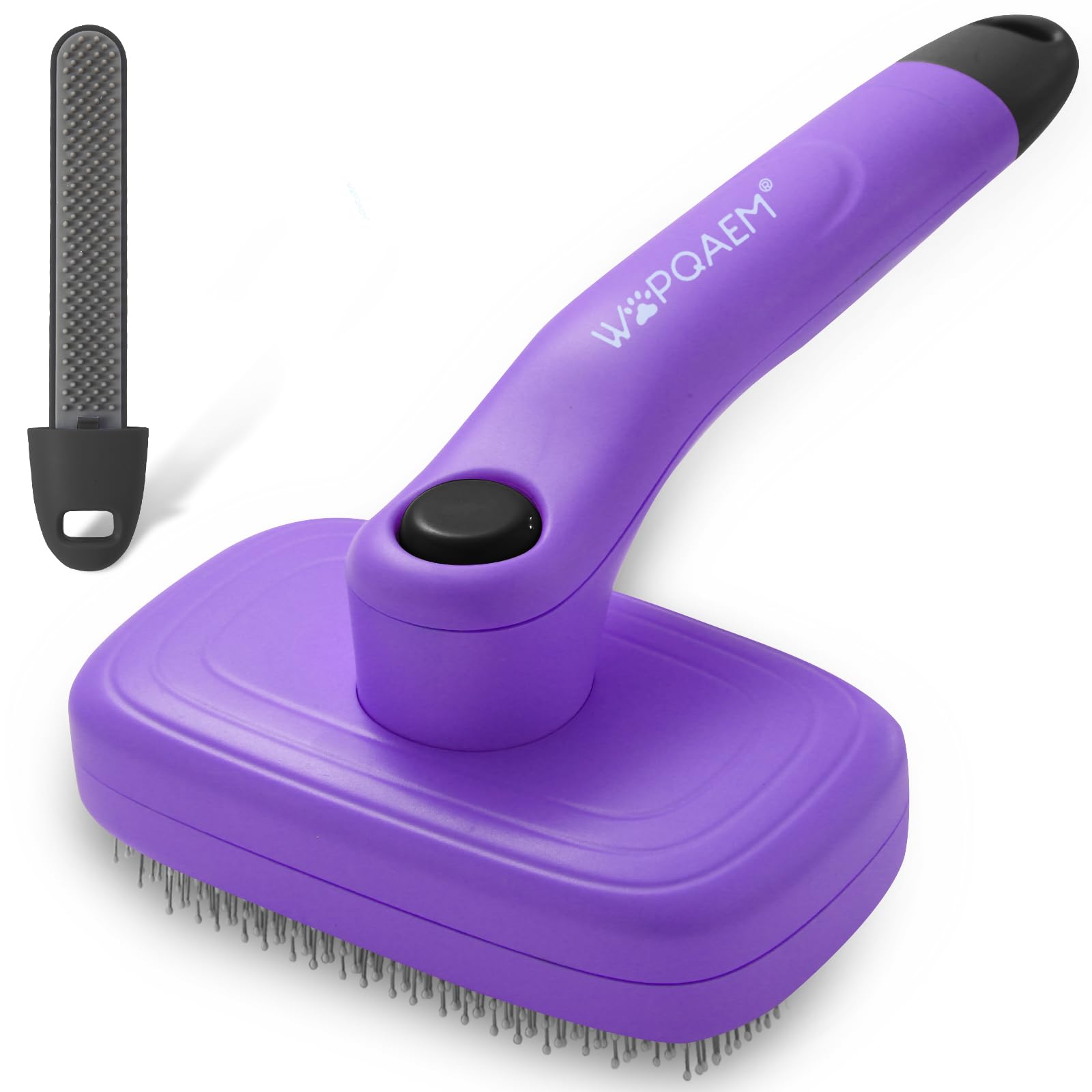 Self Cleaning Slicker Brush for Shedding Short & Long Haired Dogs & Cats. Retractable Wire Bristle Grooming Tool with Hair Remover Tool. Removes Loose Fur, Undercoat, Tangles for Pets, Purple